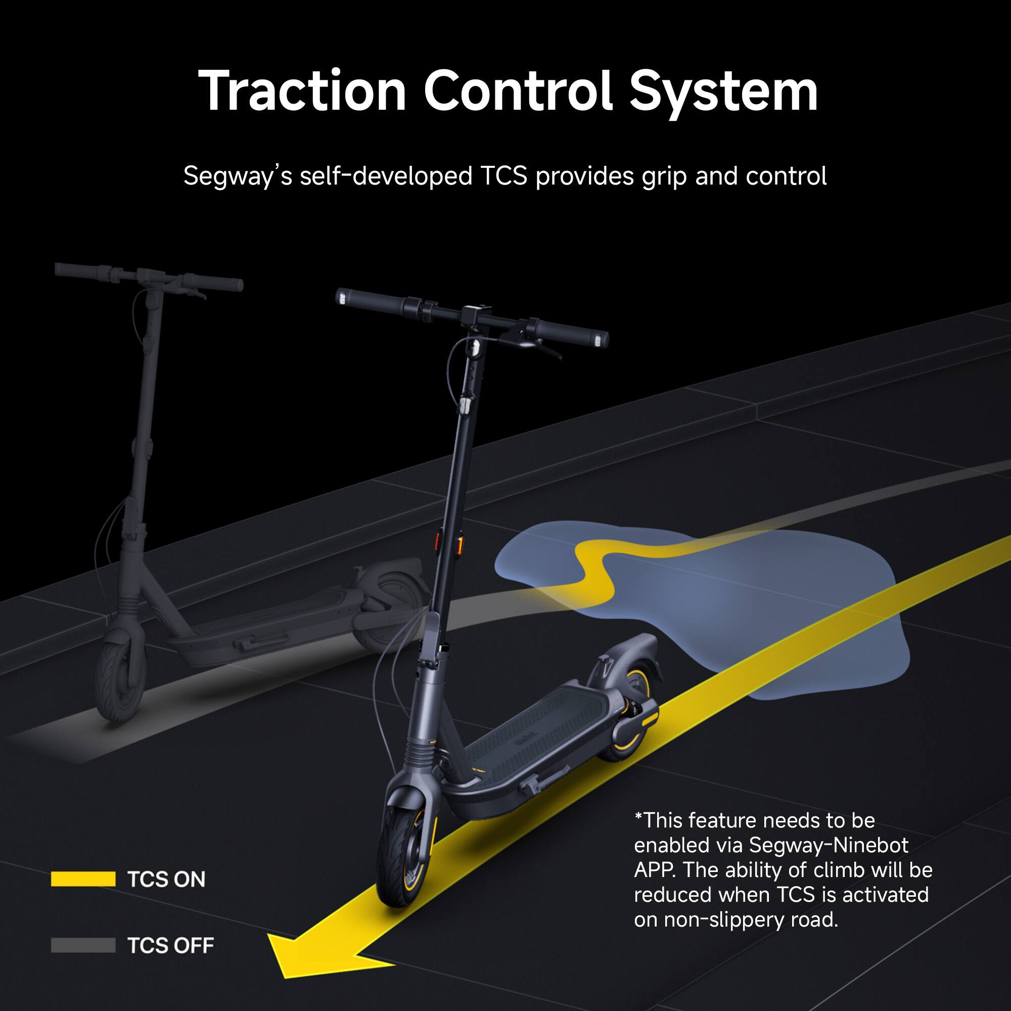Traction Control System: Segway's self-developed TCS provides grip and control. TCS ON: TCS OFF. *This feature needs to be enabled via Segway-Ninebot APP. The ability to climb will be reduced when TCS is activated on non-slippery roads.