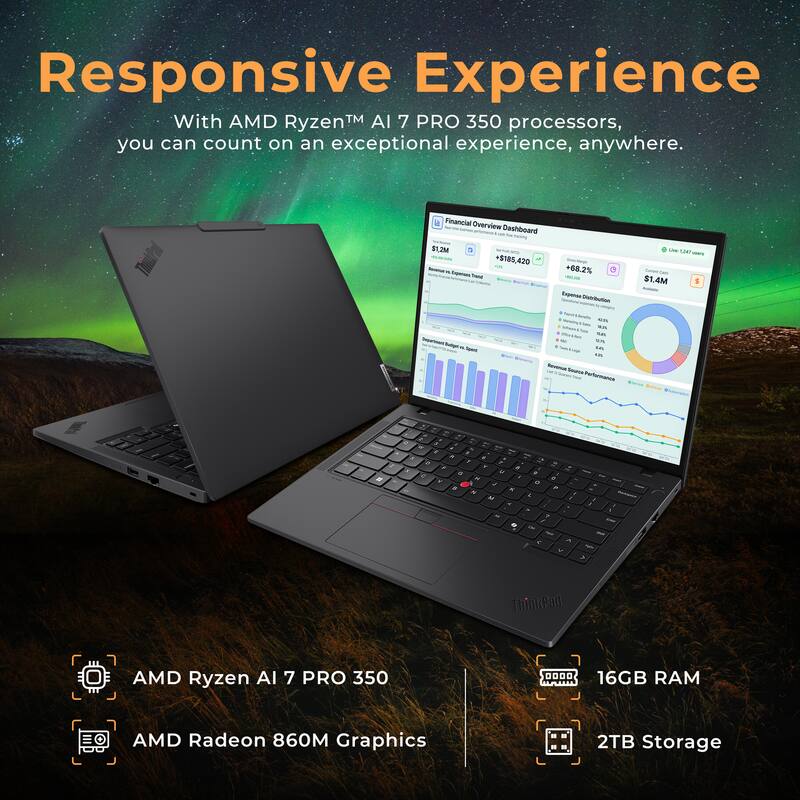 Responsive Experience

With AMD Ryzen™ AI 7 PRO 350 processors, you can count on an exceptional experience, anywhere.

- AMD Ryzen AI 7 PRO 350
- AMD Radeon 860M Graphics
- 16GB RAM
- 2TB Storage

Financial Overview Dashboard
- $1.2M
- +$18,420
- +68.2%
- $1.4M