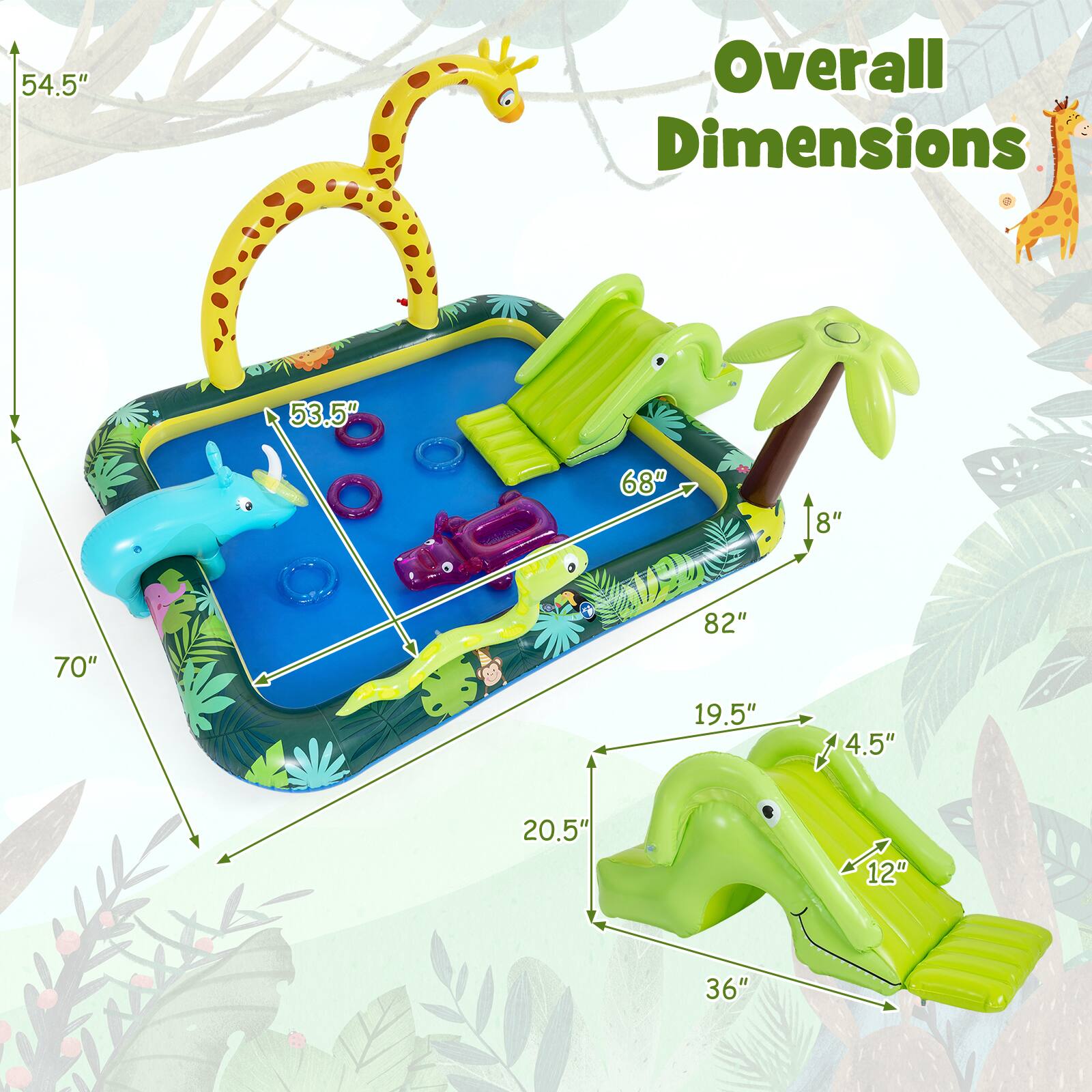 Overall Dimensions

54.5"  
53.5"  
68"  
8"  
70"  
82"  
19.5"  
4.5"  
20.5"  
12"  
36"