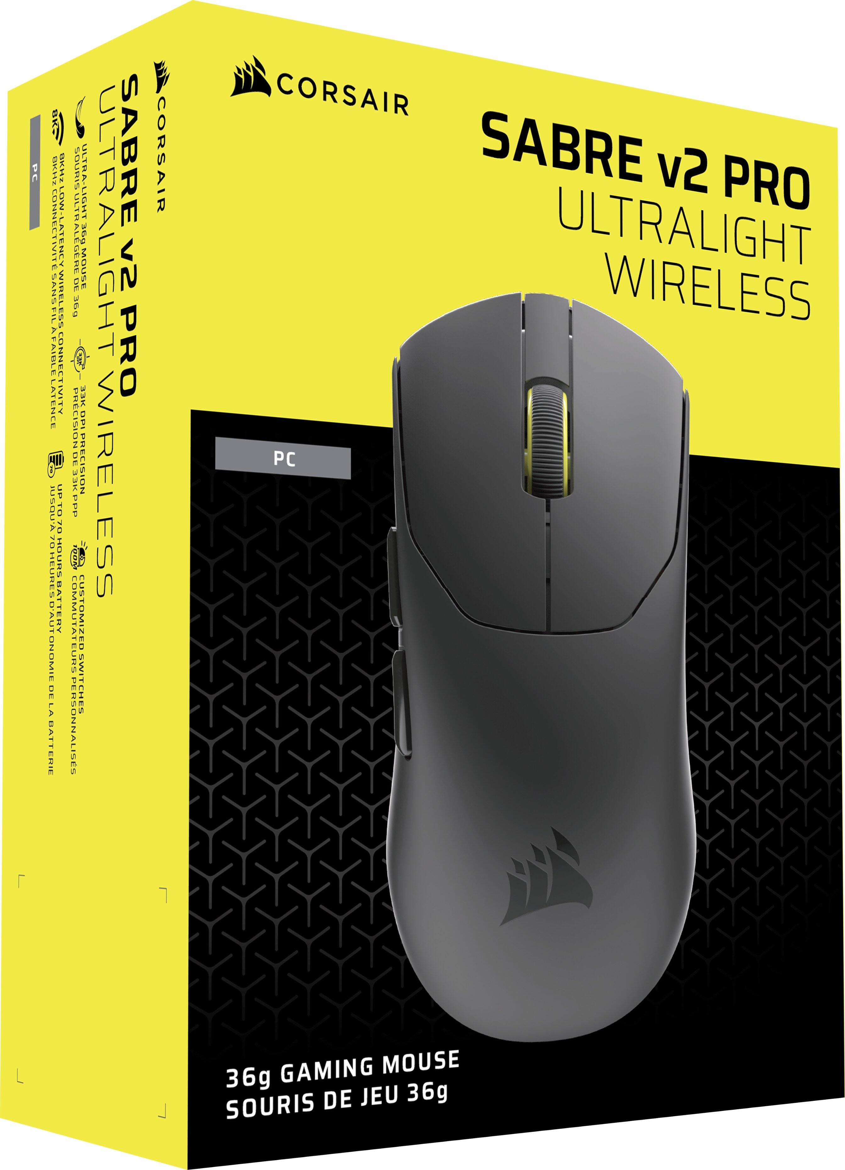 Sure, here is the corrected and grouped text from the image:

---

**SABRE v2 PRO**  
**ULTRALIGHT WIRELESS**

- **PC**
- **CUSTOMIZED SWITCHES PERSONNALISÉS**
- **UP TO 77 HOURS OF BATTERY**  
  **JUSQU'A 77 HEURES D'AUTONOMIE DE LA BATTERIE**
- **36g GAMING MOUSE**  
  **SOURIS DE JEU 36g**
- **ULTRA LIGHT**  
  **33g**
- **PRECISION OF 33KPPS**
- **CUSTOMIZABLE SWITCHE PERSONNALISÉS**
- **LOW LATENCY CONNECTIVITY**  
  **FAIBLE LATENCE**
- **WIRELESS CONNECTIVITY**  
  **CONNECTIVITÉ WIRELESS**
- **UP TO 77 HOURS OF BATTERY**  
  **JUSQU'A 77 HEURES D'AUTONOMIE DE LA BATTERIE**
- **33KPPS PRECISION**
- **CUSTOMIZED SWITCHES PERSONNALISÉS**
- **ULTRALIGHT**  
  **33g**

---

