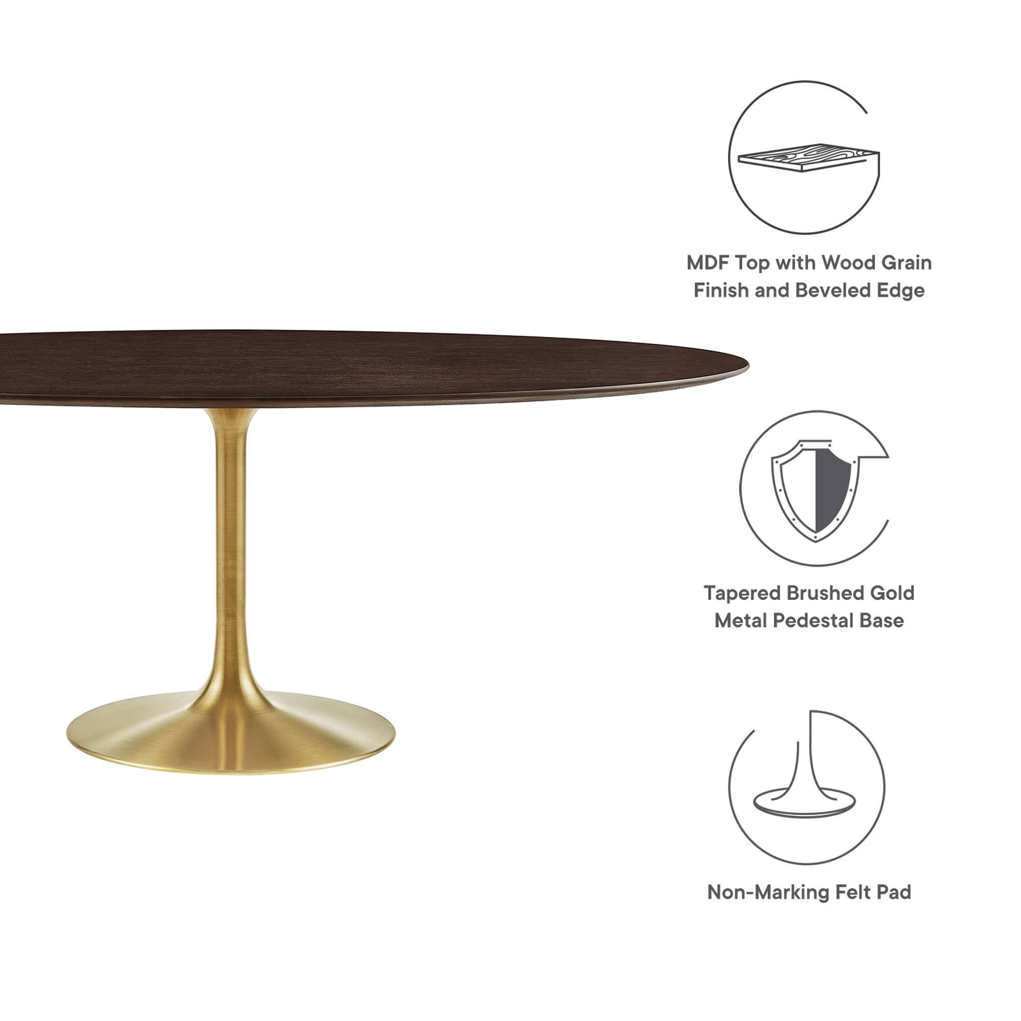 MDF Top with Wood Grain Finish and Beveled Edge  
Tapered Brushed Gold Metal Pedestal Base  
Non-Marking Felt Pad