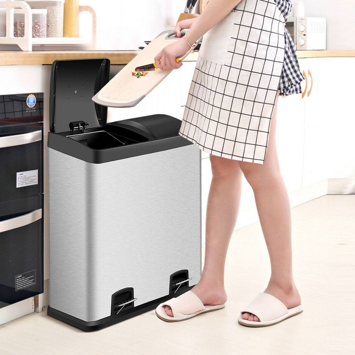 Left. Hivvago - Large 16-Gallon Dual Compartment Kitchen Trash Can with Foot Pedal Open - Silver, black.