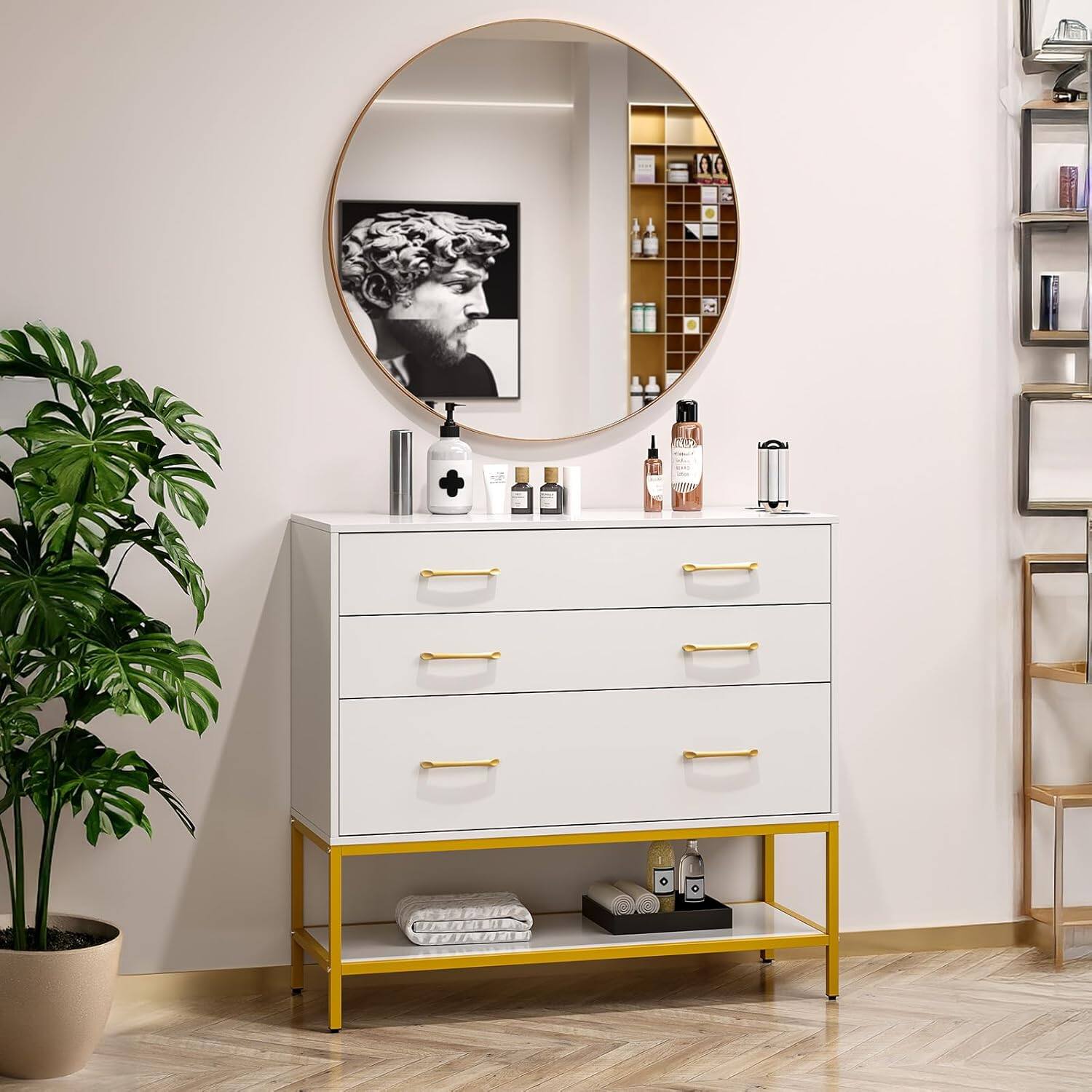 Angle. Winado - Salon Station Freestanding Hair Stylist Cabinet with Mirror, 3 Drawers, Shelf & Tool Holders for Bedroom Bathroom Spas - White & Gold.