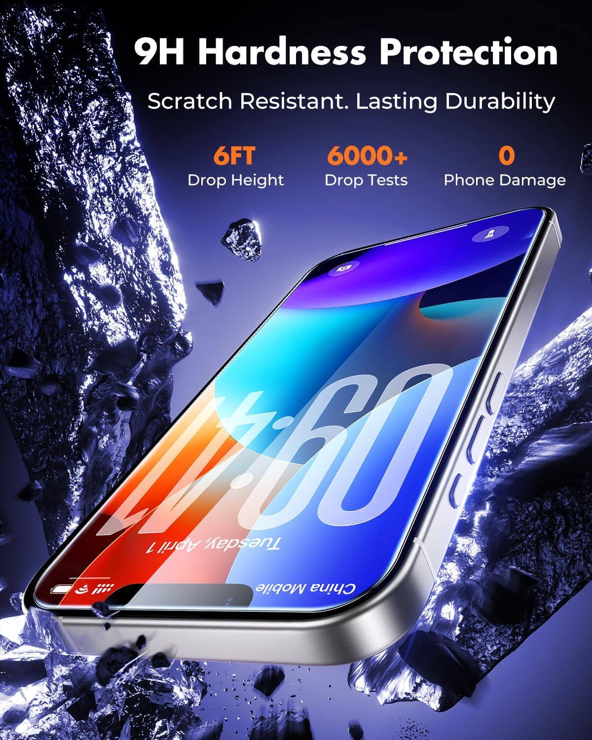 9H Hardness Protection  
Scratch Resistant. Lasting Durability  
6FT Drop Height  
6000+ Drop Tests  
0 Phone Damage  
20-60 L April Tuesday, ...  
Mobile China