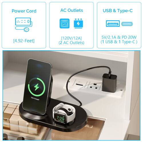 Power Cord AC Outlets USB & Type-C [4.92-Feet] [120V/12A] (2 AC Outlets) 5V/2.1A & PD 20W (1 USB & 1 Type-C) 70% Charged 7:29 AM a LA