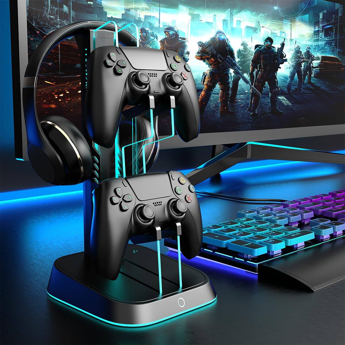 The image does not contain any visible text to group or correct. It shows a gaming setup with two game controllers, a keyboard, and a monitor displaying a game scene.