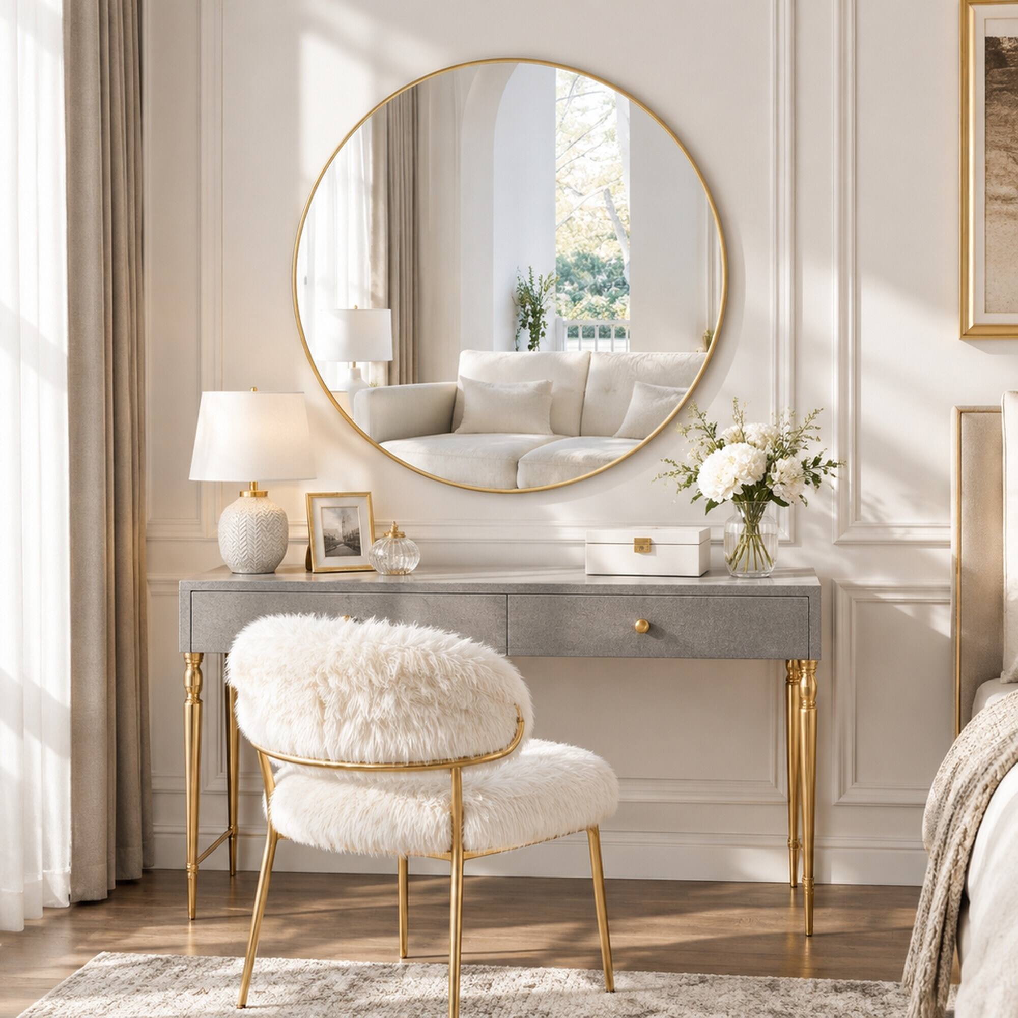 Alt View 2. RYHNUYNE - 48 Inch Round Gold Wall Mirror, Metal Frame, Dust Proof, Wall Mounted, Bathroom and Bedroom Decor - Gold.