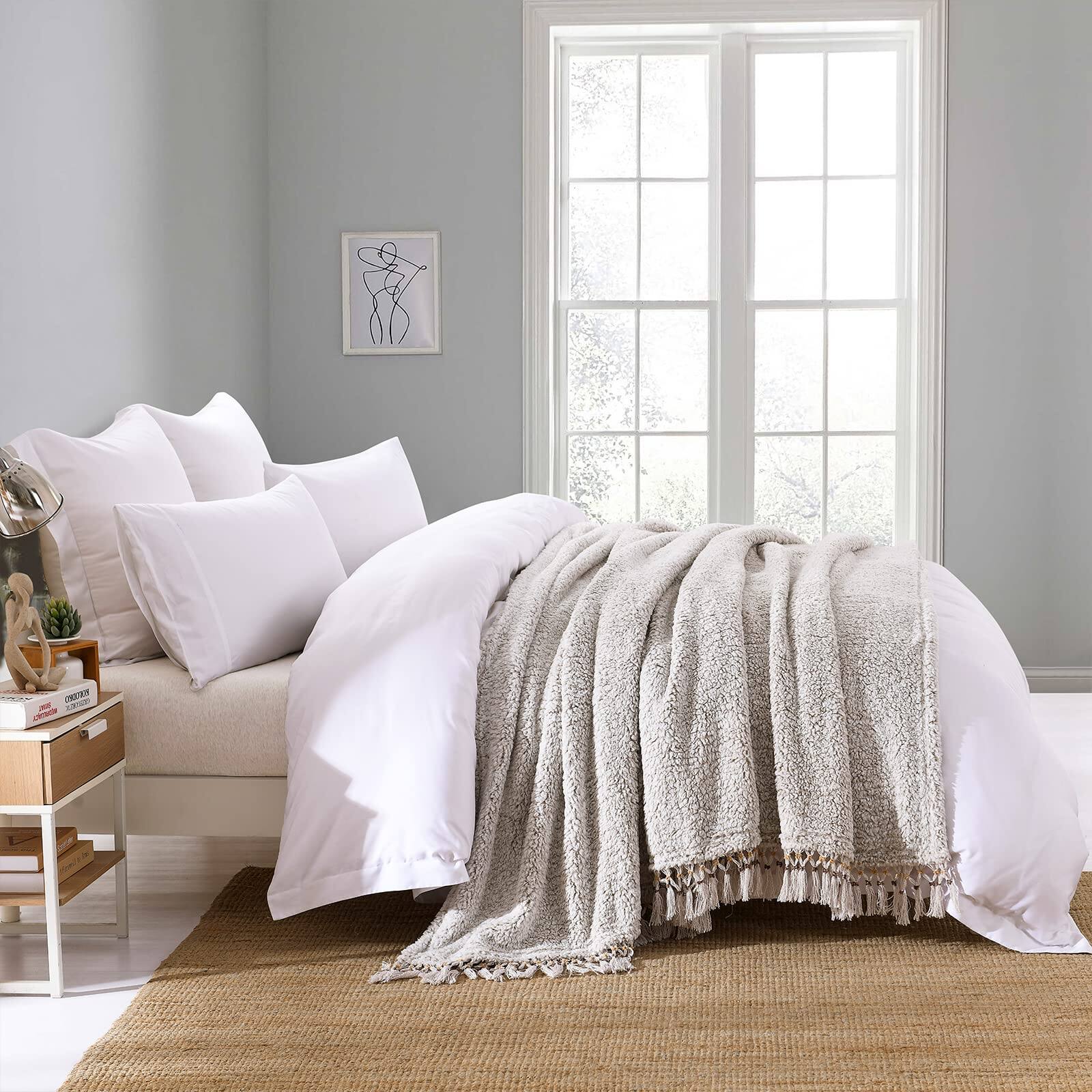 Alt View 7. NICHOLAS KLEIN - Ultra Soft Fleece Sherpa Blanket King Size Lightweight Cozy Boho Bed With Decorative Tassel Pattern Reversi... - Antique White King-104" x 90".