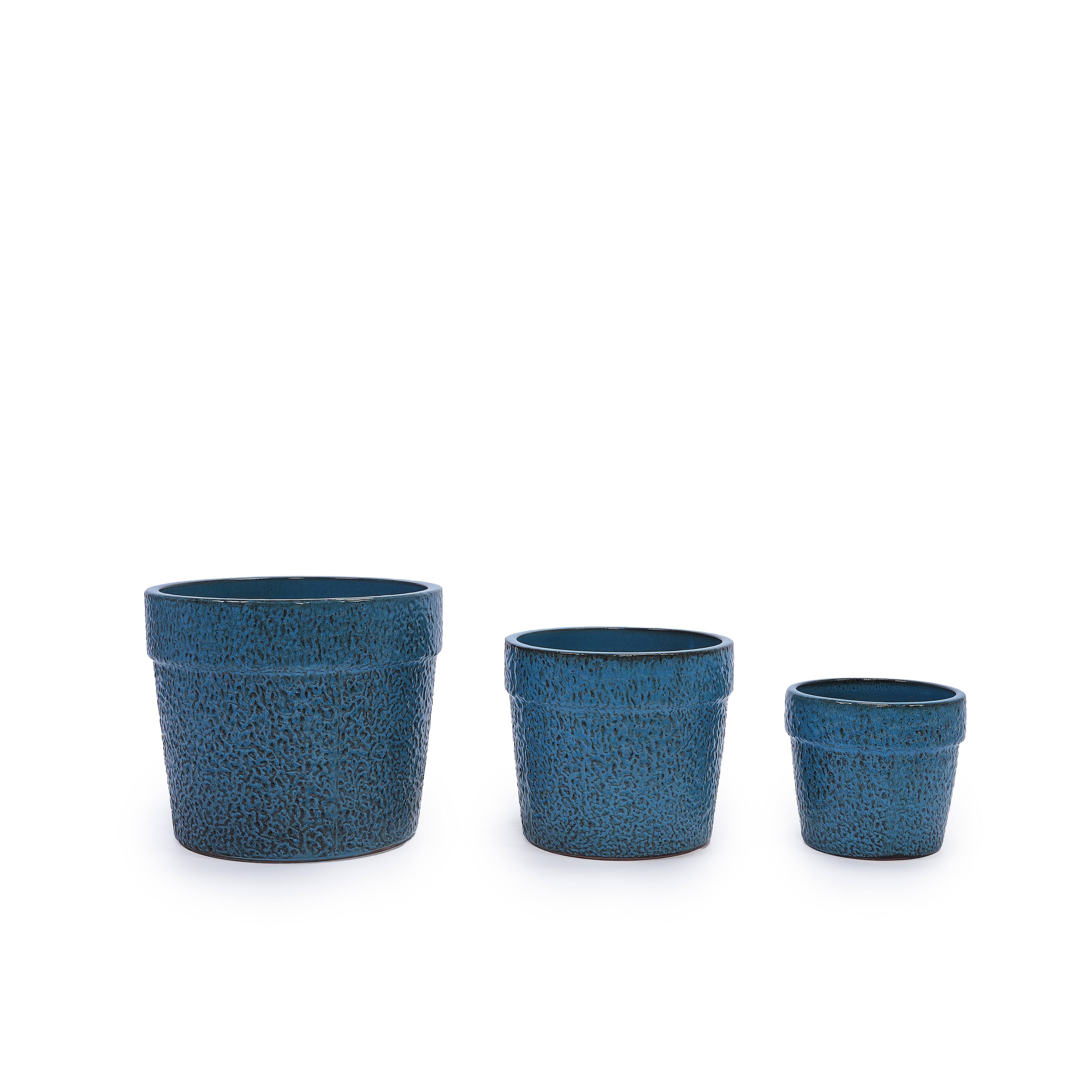 Alt View 1. Loheer - Ceramic Planter Set Loheer Handmade Blue Textured Indoor Plant Pots, Set of 3 Breathable Clay Planters 15 12 9 In.