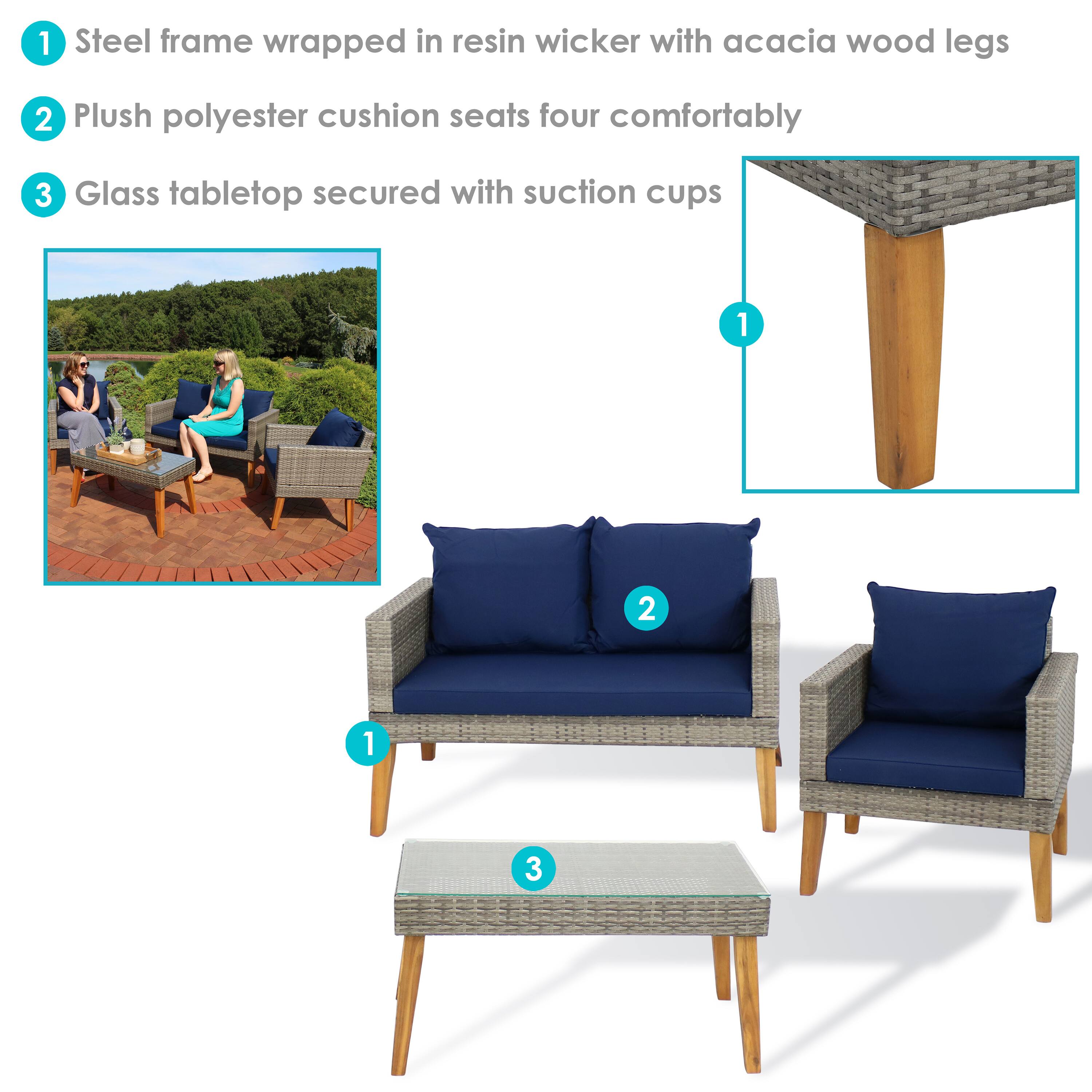 1. Steel frame wrapped in resin wicker with acacia wood legs  
2. Plush polyester cushion seats four comfortably  
3. Glass tabletop secured with suction cups