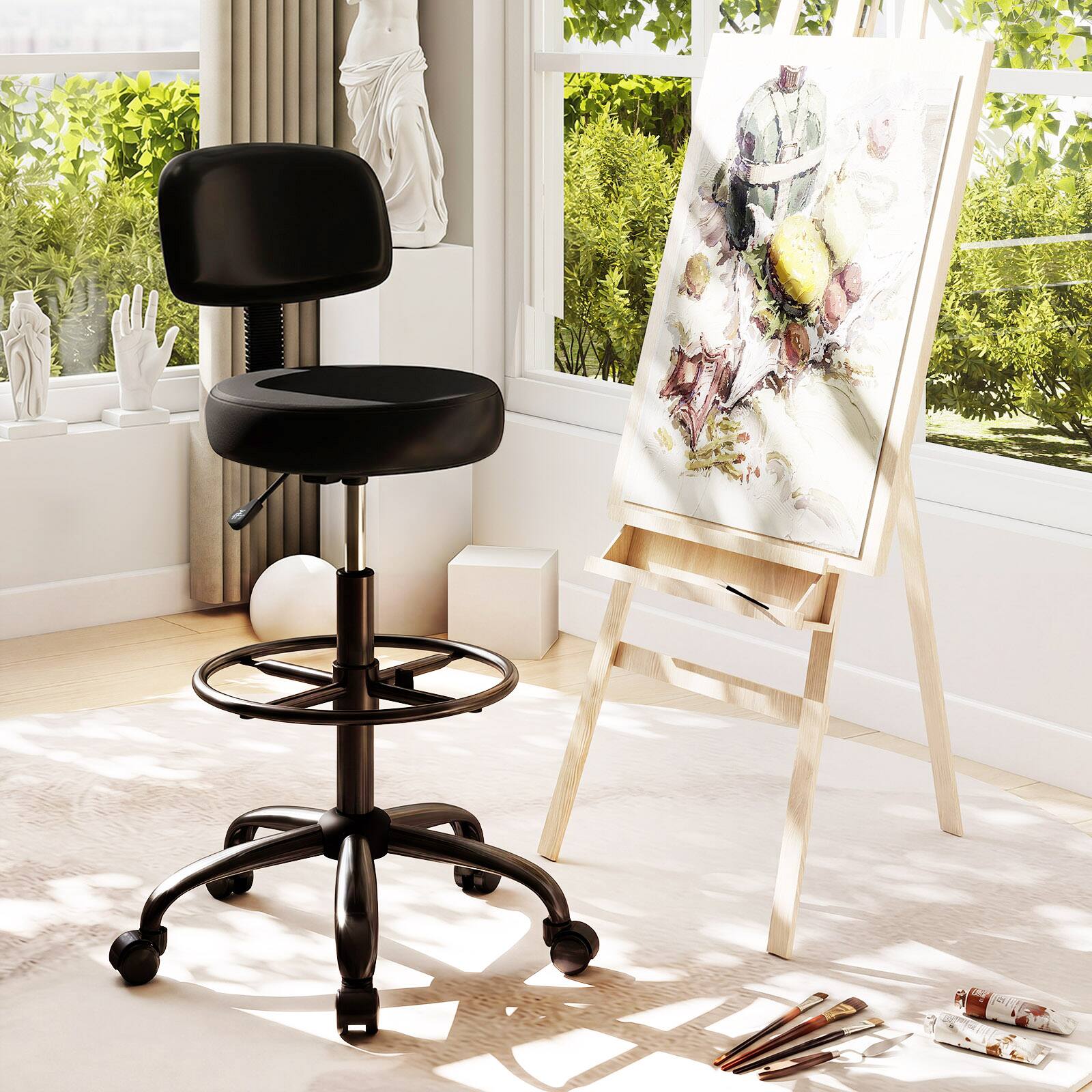 Alt View 3. Costway - Costway 2 PCS Swivel Drafting Chair Tall Office Chair with Adjustable Backrest Foot Ring - Black.