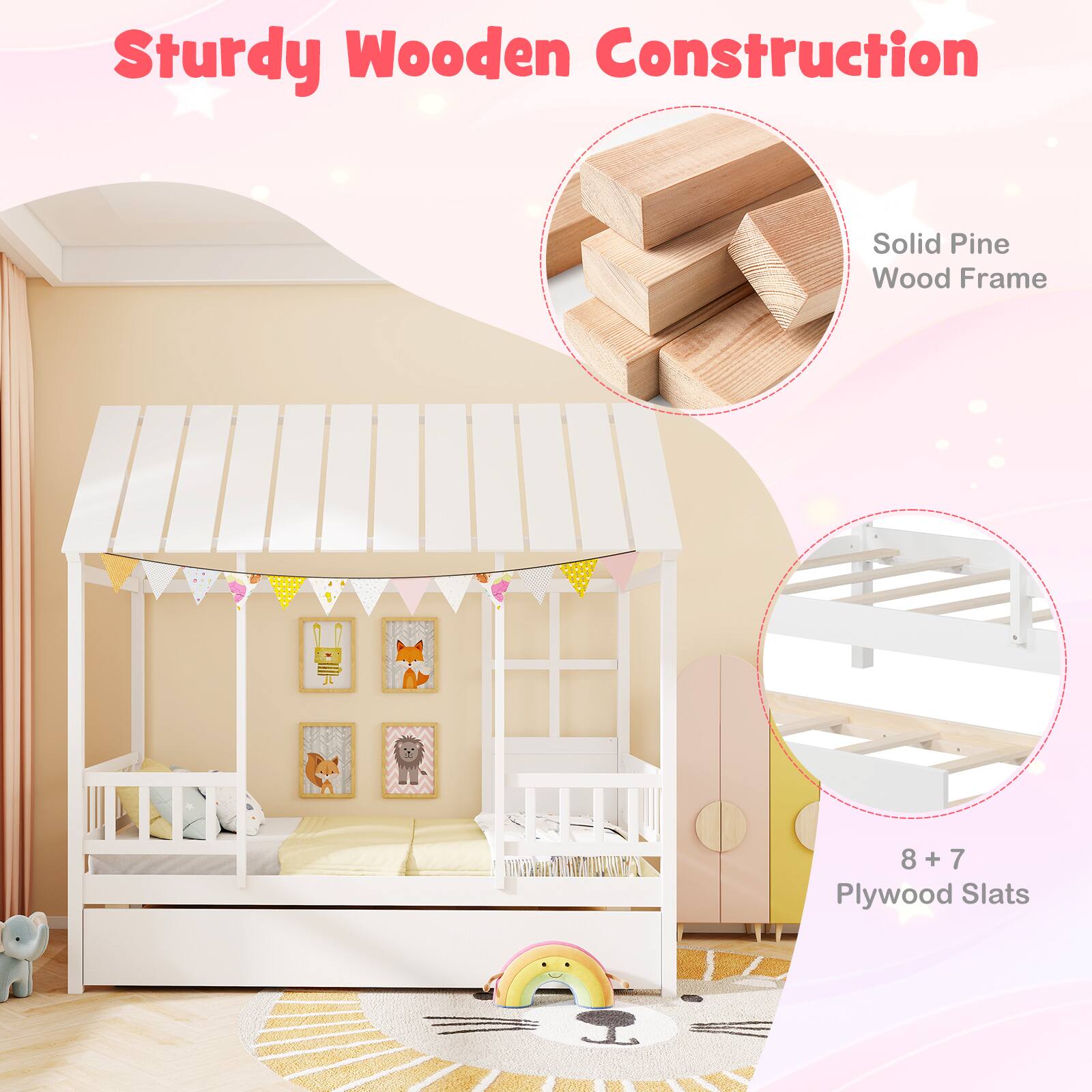 Sturdy Wooden Construction

Solid Pine Wood Frame

8 + 7 Plywood Slats