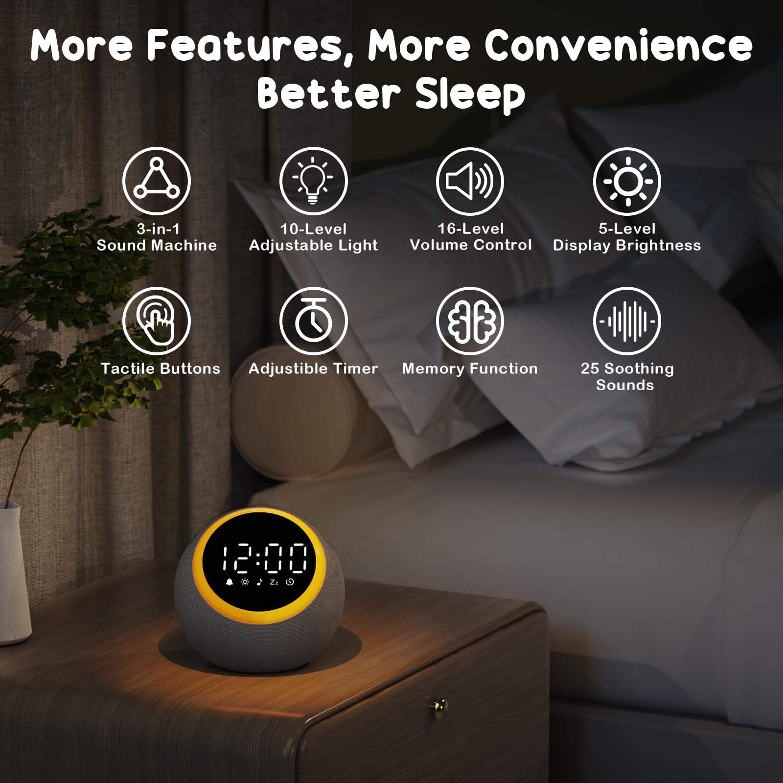 More Features, More Convenience Better Sleep

- 3-in-1 Sound Machine
- 10-Level Adjustable Light
- 16-Level Volume Control
- 5-Level Display Brightness
- Tactile Buttons
- Adjustable Timer
- Memory Function
- 25 Soothing Sounds