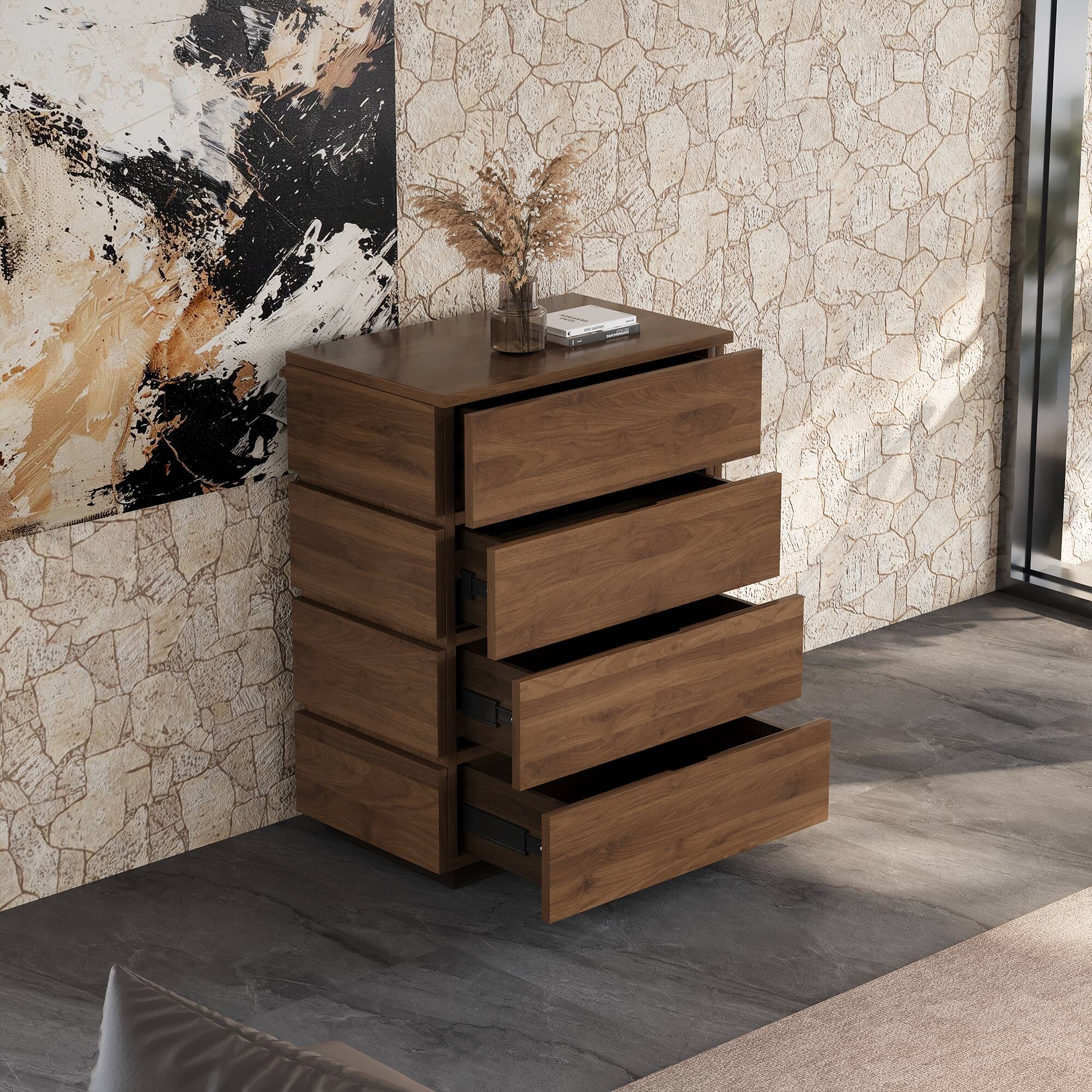 Angle. luck idea - 21.65" Four-Drawer Storage Cabinet & Decorative Cabinet, Suitable for Multiple Scenarios - Walnut color.