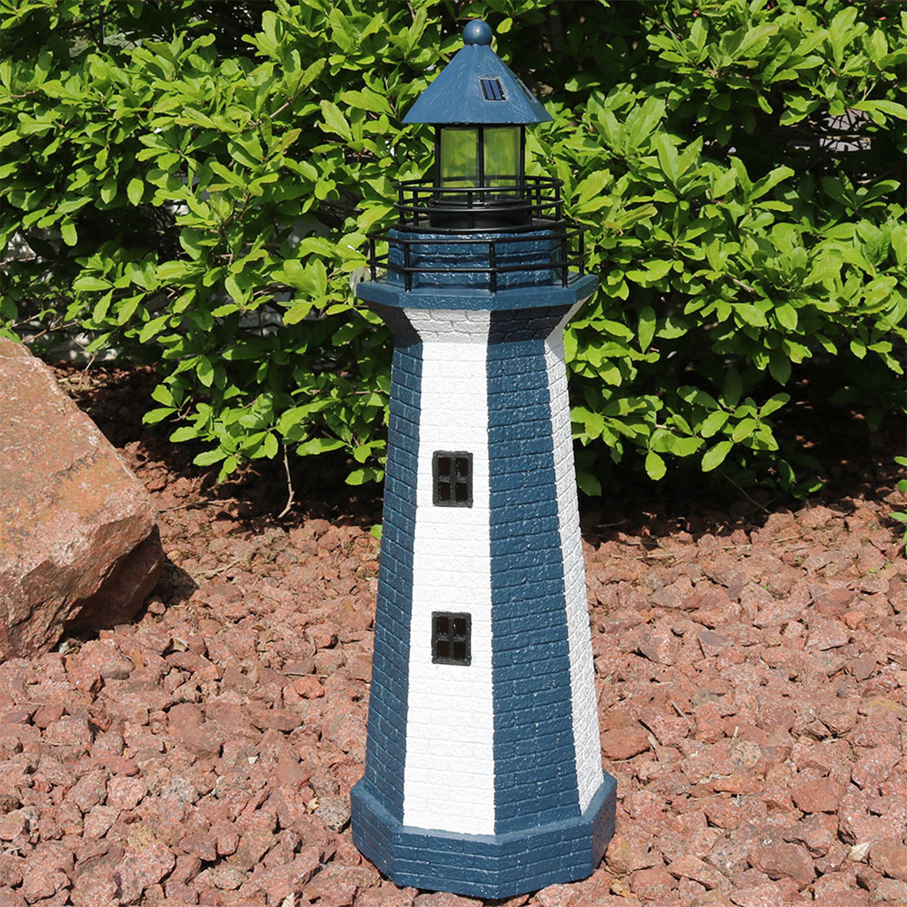 Alt View 5. Sunnydaze - 36 in Resin and Metal Solar LED Lighthouse Statue - Blue Stripe.