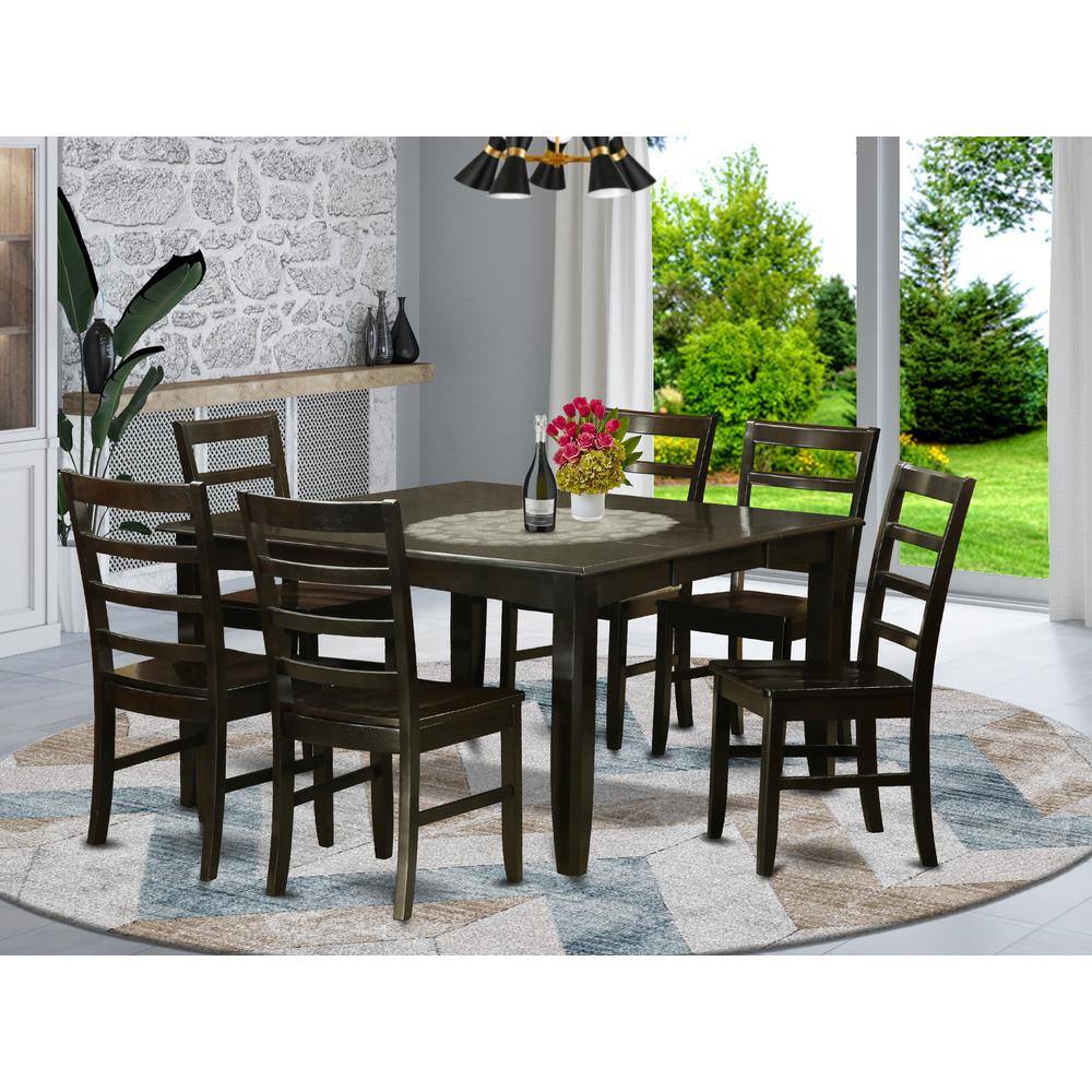 Back. East West Furniture - 7 Pc Dining room set-Dinette Table with Leaf and 6 Dinette Chairs - Cappuccino.