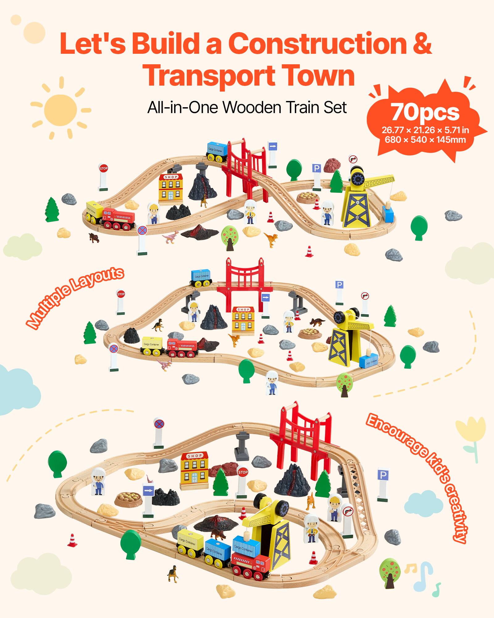 Let's Build a Construction & Transport Town All-in-One Wooden Train Set 70pcs 26.77 x 21.26 x 5.71 in 680 x 540 x 145mm - Multiple Layouts Encourage kid's creativity