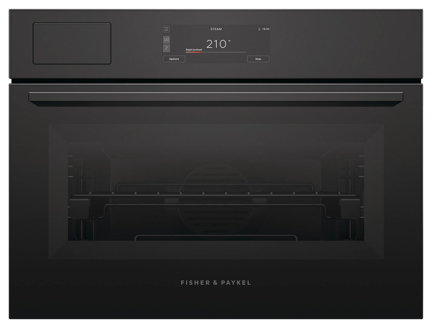 STEAM: 19:30 / 7  
210°  
Rapid preheat  
Options Stop  
FISHER & PAYKEL