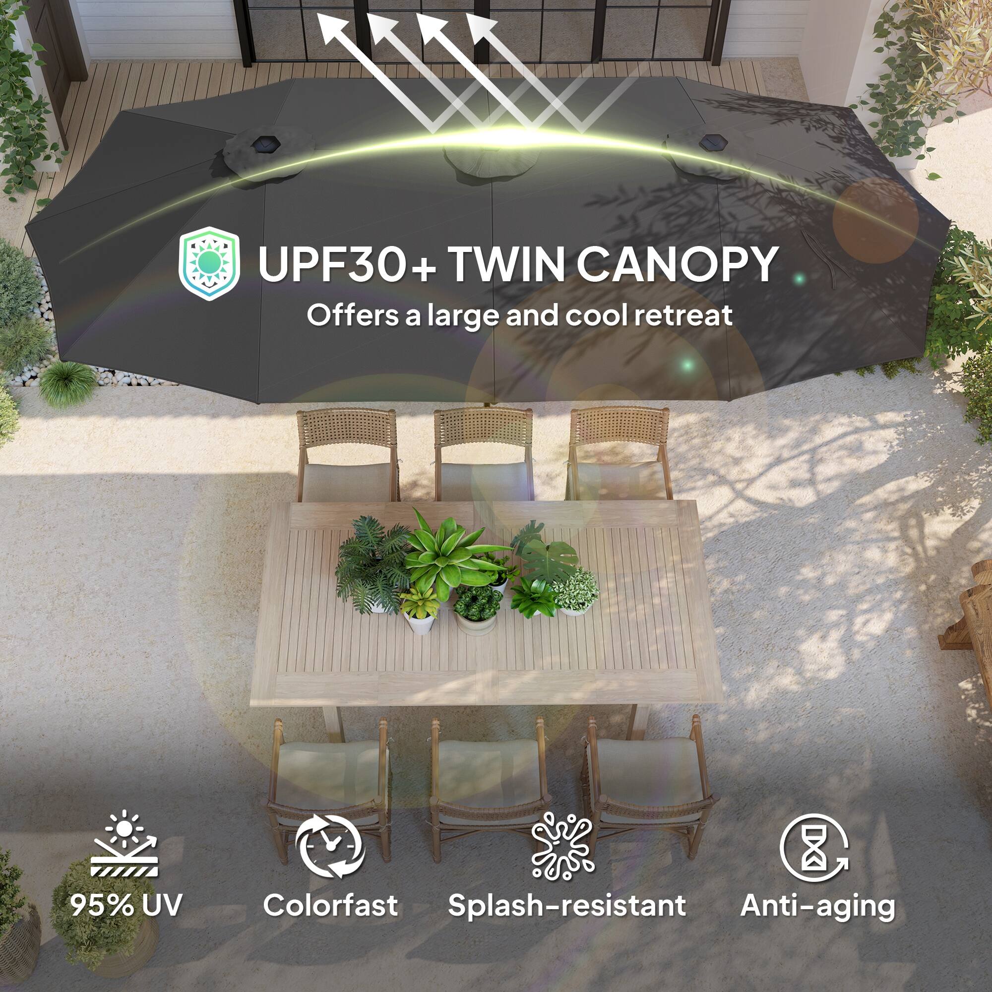 UPF30+ TWIN CANOPY Offers a large and cool retreat

95% UV
Colorfast
Splash-resistant
Anti-aging