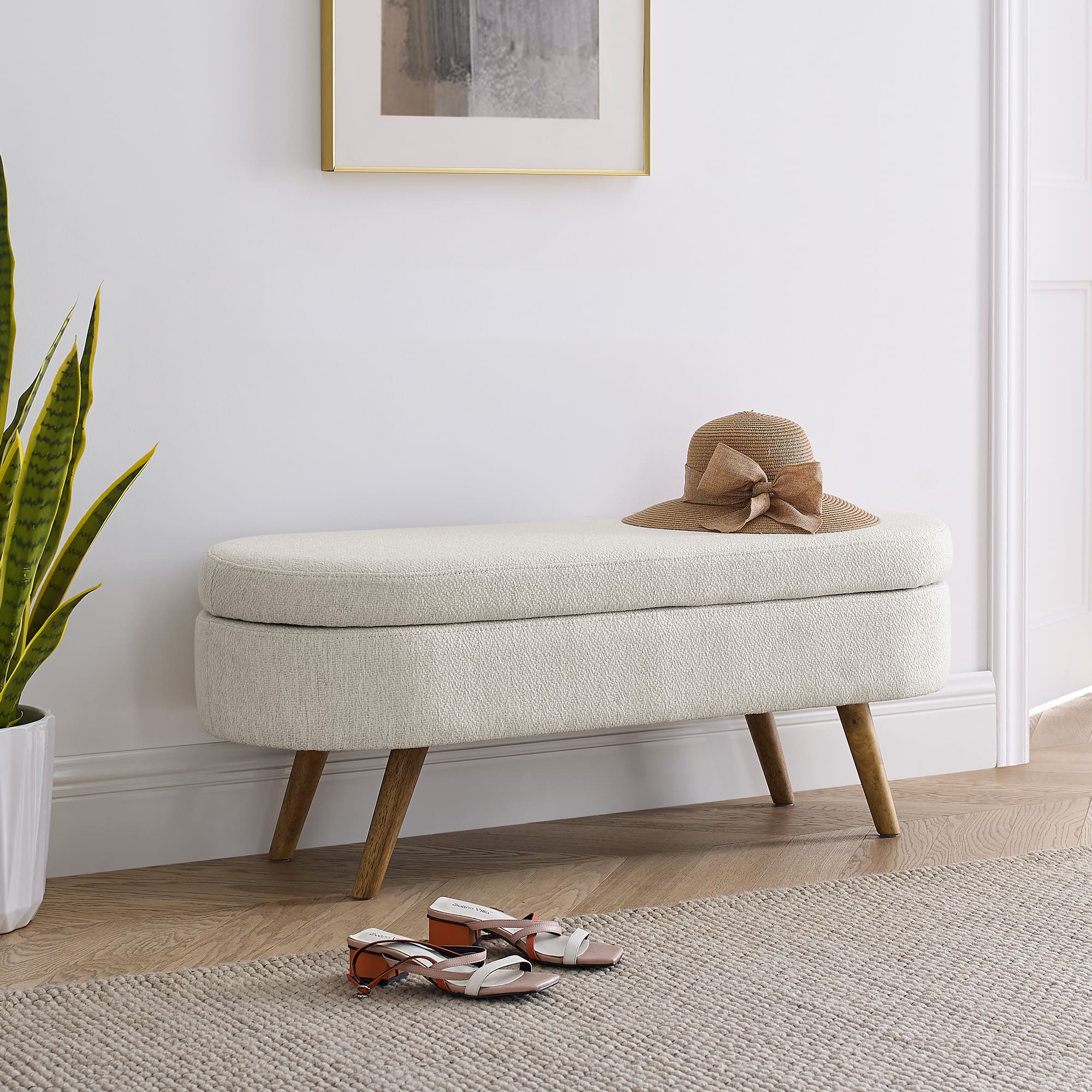 Z-Edge - Oval Storage Bench, 43.5" Fabric Upholstered Entryway Bench with Wood Legs, Ottoman Bench Indoor Bench for Living Room - Beige