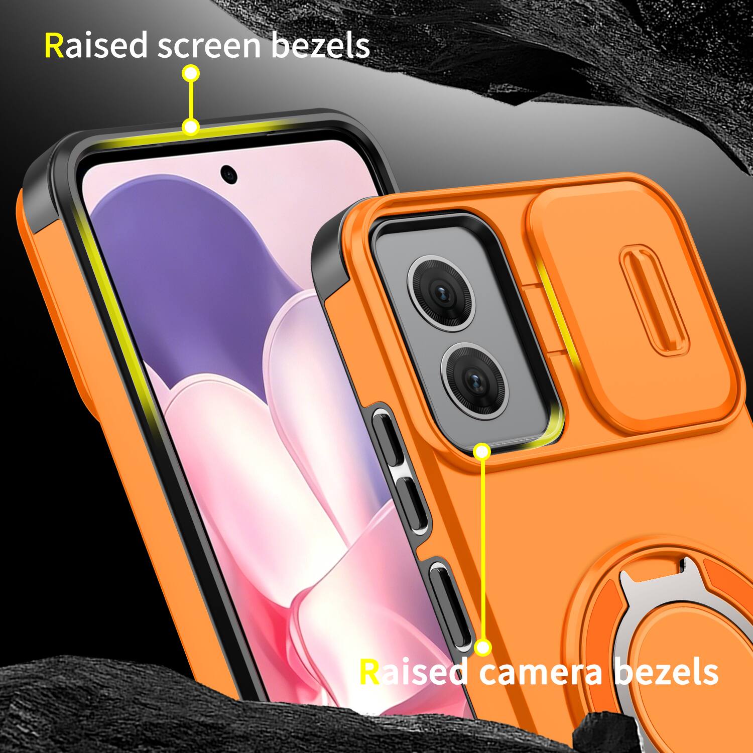 Raised screen bezels  
Raised camera bezels