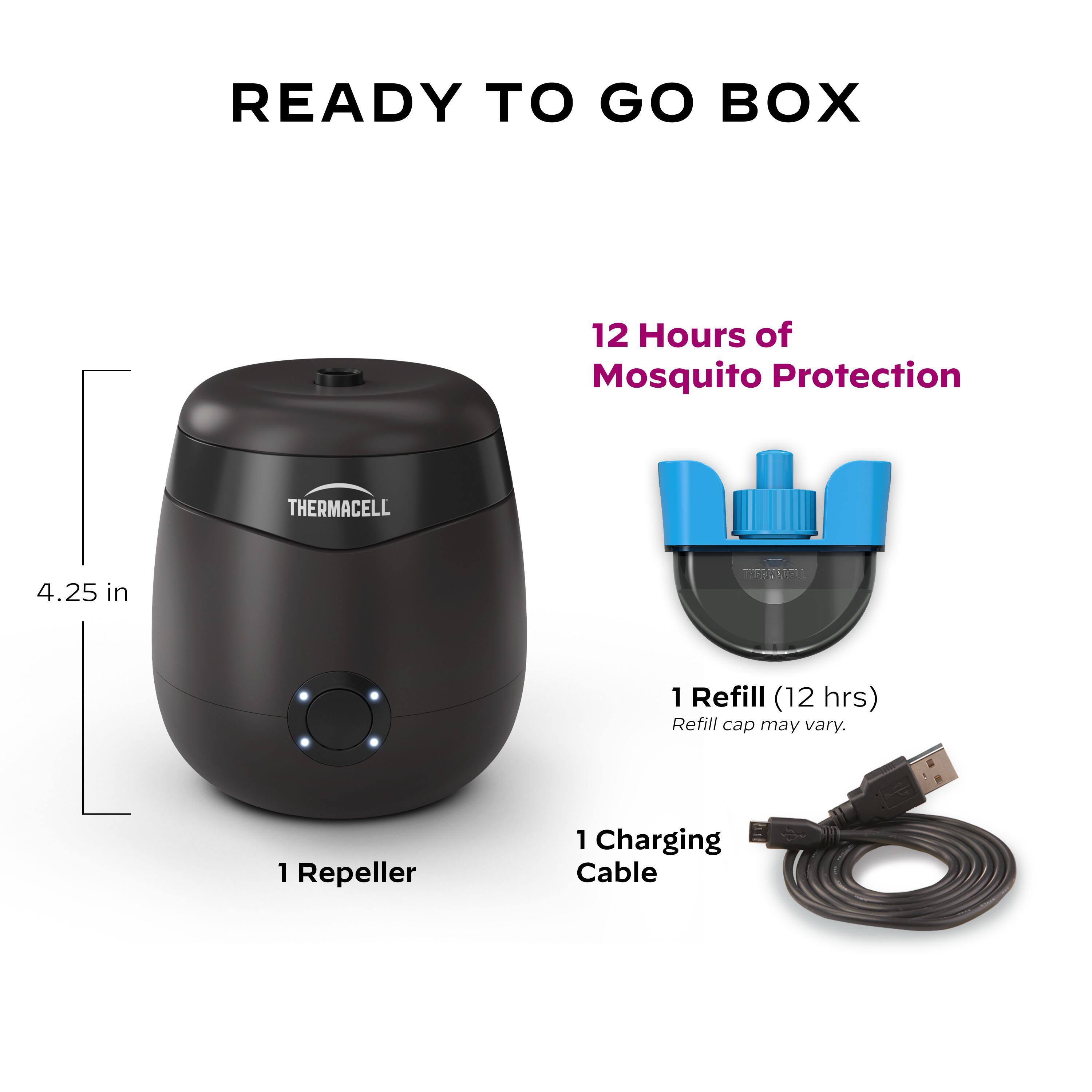 Ready to Go Box: 12 Hours of Mosquito Protection. ThermaCELL: 4.25 in. 1 Refill (12 hrs) Refill cap may vary. 1 Repeller. 1 Charging Cable.