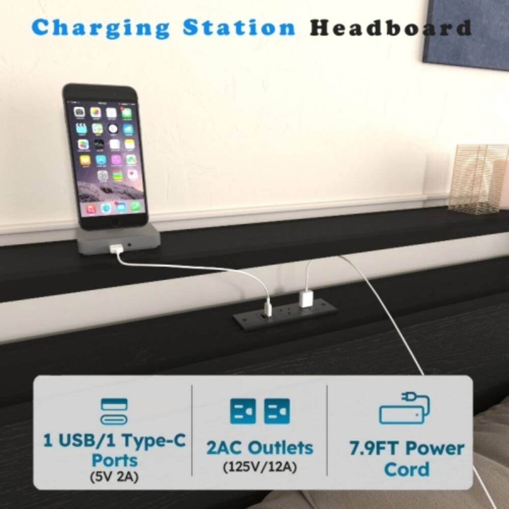 Charging Station Headboard

1 USB/1 Type-C Ports (5V 2A)

2AC Outlets (125V/12A)

7.9FT Power Cord