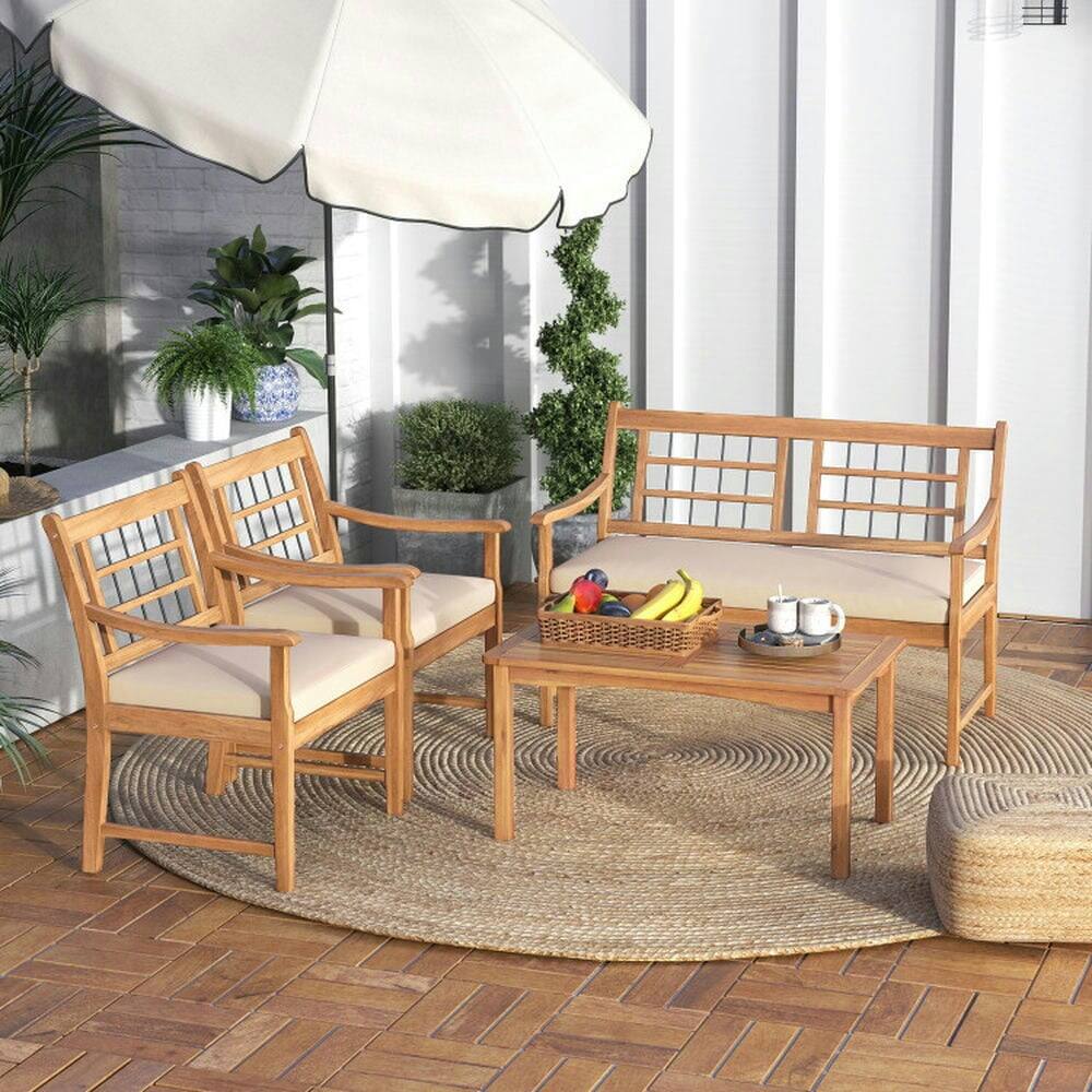 Back. Pefilos - 4 Piece Acacia Wood Patio Furniture with Armchairs Loveseat and Coffee Table, Patio Conversation Set - White.