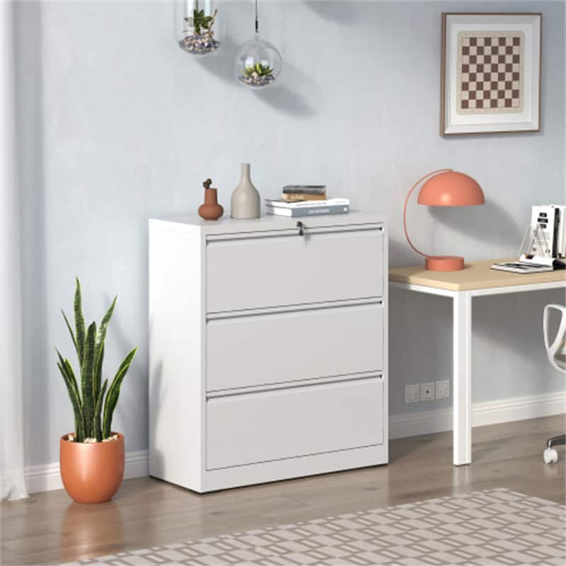 HTUTWOO - Lateral File Cabinet 3 Drawer –Filing Cabinet with Lock,Lockable File Cabinet for Home Office,Locking Metal File Cabinet - White