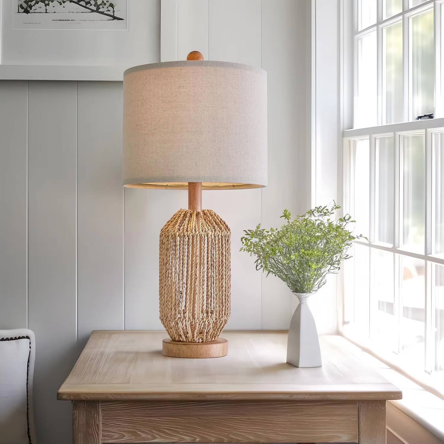 Alt View 2. Luckbyte - Set of 2 Brown Rattan Table Lamps Boho Farmhouse Retro Nightstand Lamps for Living Room Bedroom - Brown.