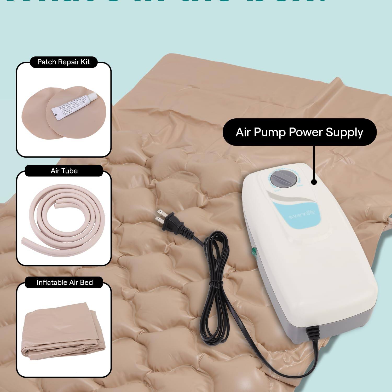 - Patch Repair Kit
- Air Pump Power Supply
- Air Tube
- Inflatable Air Bed