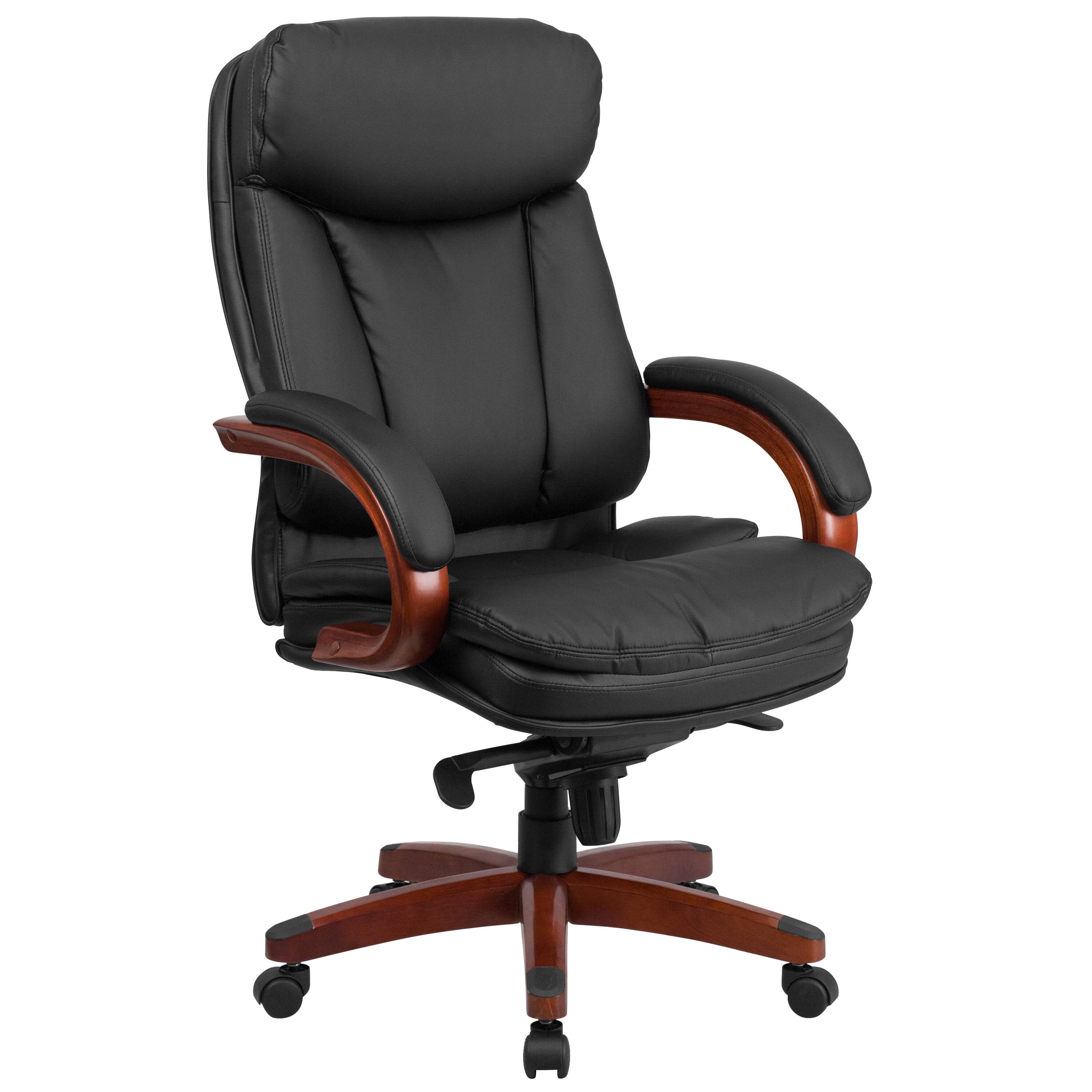 Front. Emma + Oliver - High Back Leather Executive Swivel Ergonomic Office Chair with Synchro-Tilt Mechanism, Mahogany Wood Base and Arms - Black.