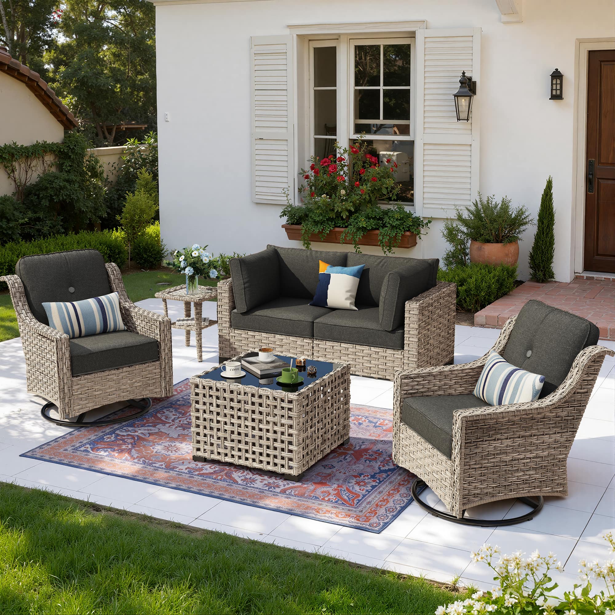 Ovios - 6 PCS Patio Furniture Sectional Sofa Set Swivel Rocking Chair with Coffee Table & Side Table - Black