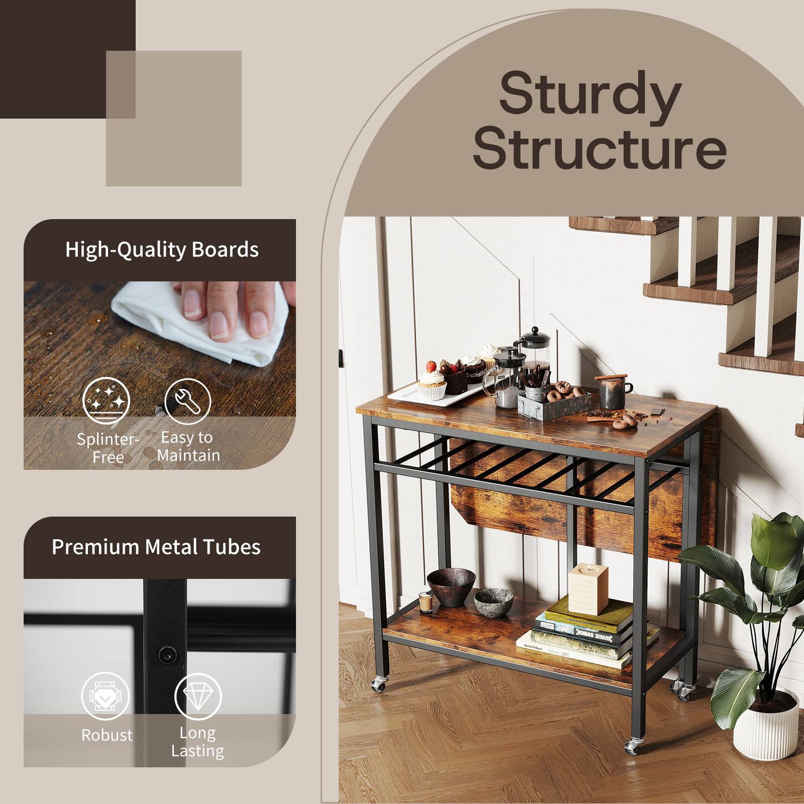 Sturdy Structure  
High-Quality Boards  
- Splinter-Free  
- Easy to Maintain  

Premium Metal Tubes  
- Robust  
- Long Lasting