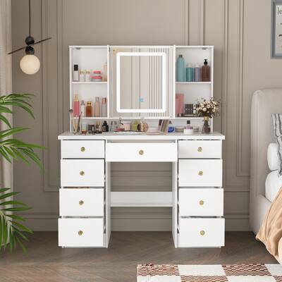 Famapy LED Tri Fold Mirror Vanity Desk Set Adjustable Color Temperature Dimmable Lights Modern Dressing Table White BBFAZJ-KF210213-01 - Best Buy Famapy LED Tri Fold Mirror Vanity Desk Set Adjustable Color Temperature Dimmable Lights Modern Dressing Table White BBFAZJ-KF210213-01 - Best Buy
