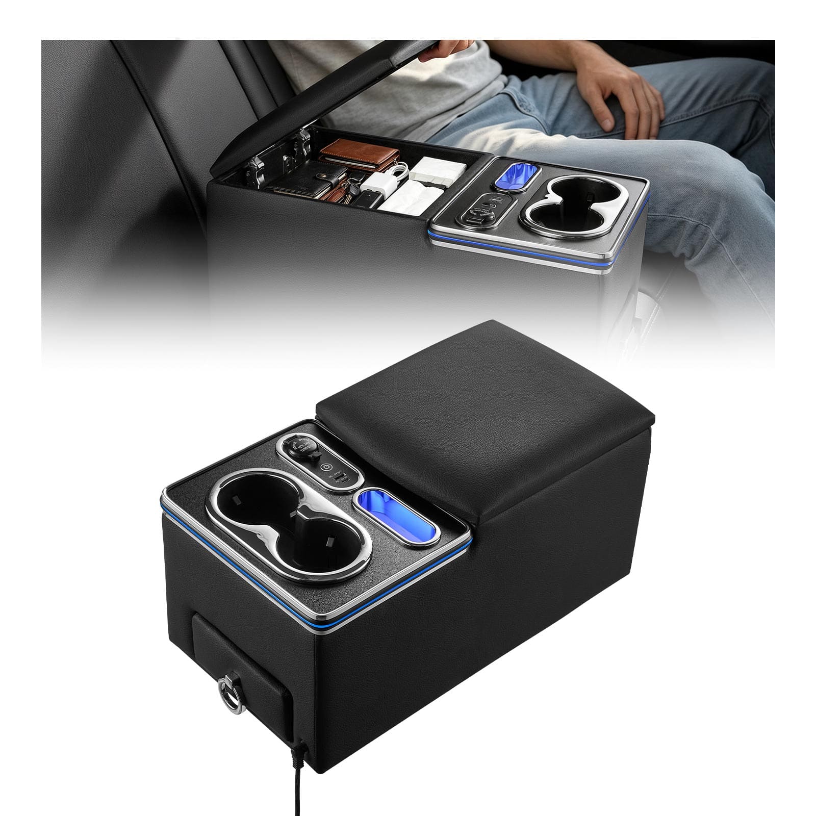 VEVOR - Universal Rear Bench Seat Center Console with 7-Color Ambient Lights, USB/Type-C/Cigarette Lighter Charging, Back Seat - Black price history on PriceWatchPro