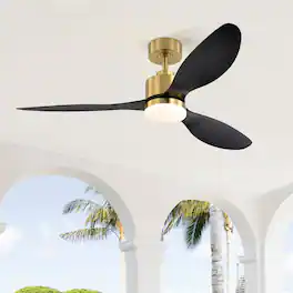 Breezary - 52" Indoor Ceiling Fan, 3 ABS Blades, 6-Speed DC Motor, Remote Control, Memory/Timer, 3-Color LED Light, 5"/10" Downrods - Gold and Matte Black