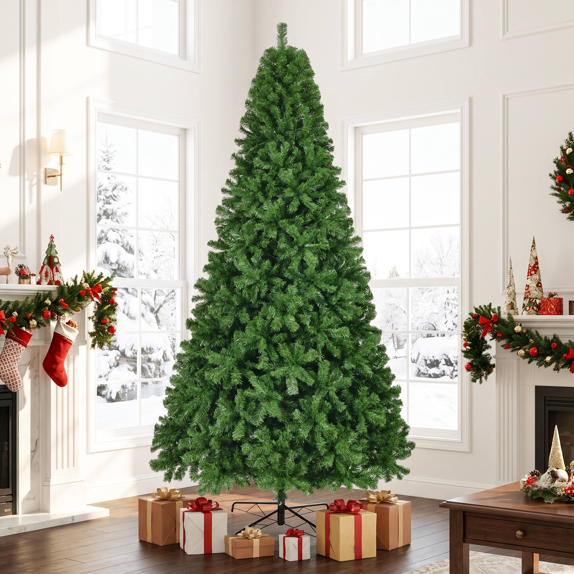 Front. Jandcase - Artificial Christmas Tree, 9ft Unlit Realistic Spruce Holiday Décor w/Dense Branches, Easy Assembly, Metal Base - Green.