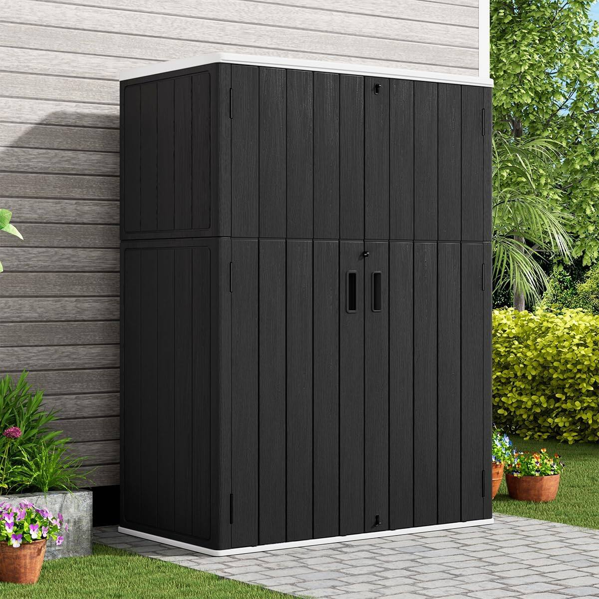 Angle. Decksplore - Outdoor Vertical Storage Shed Outdoor Storage Cabinet Waterproof Outdoor Storage for Garden,Patio with 6 Shelve - Black.