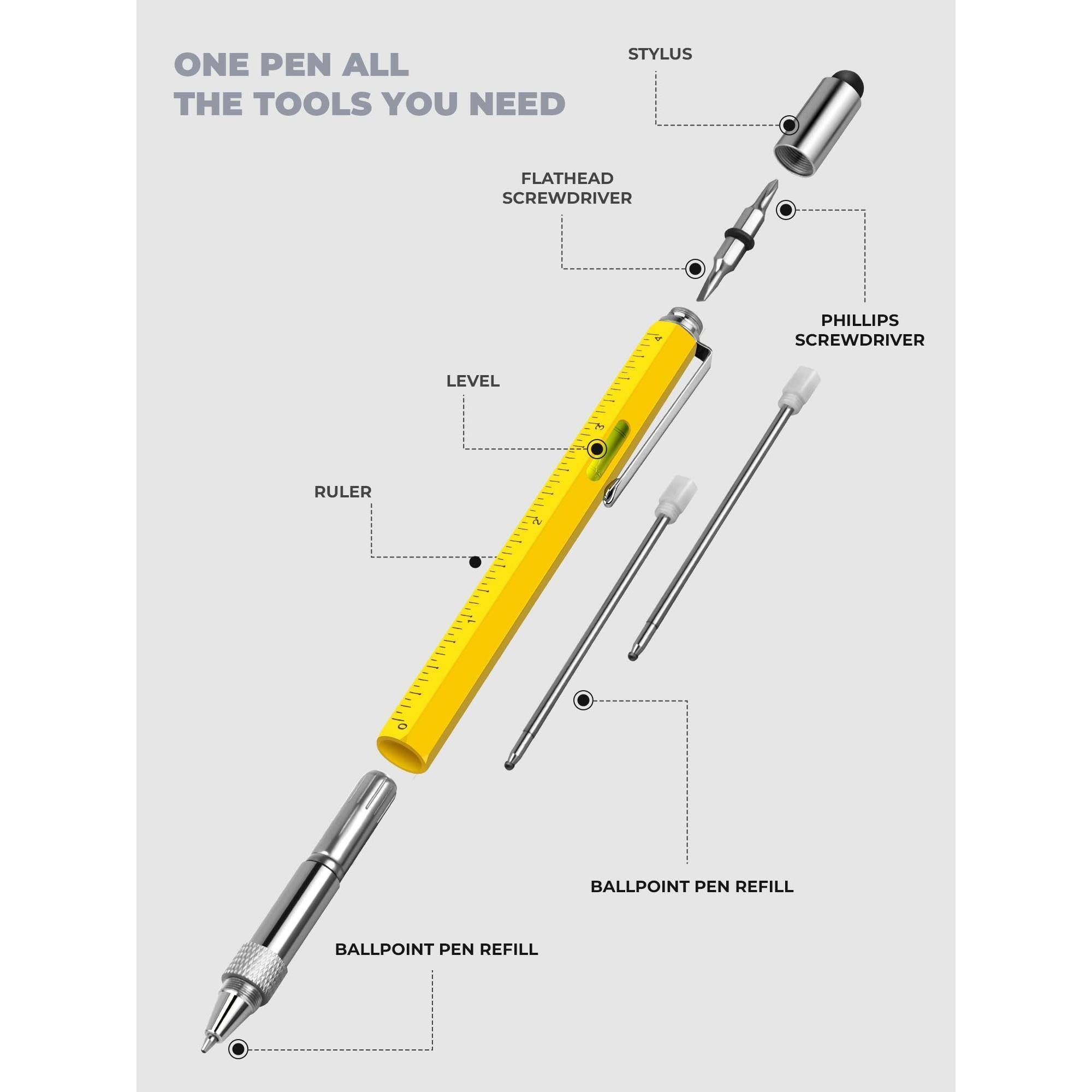 ONE PEN ALL THE TOOLS YOU NEED

- STYLUS
- FLATHEAD SCREWDRIVER
- PHILLIPS SCREWDRIVER
- LEVEL
- RULER
- BALLPOINT PEN REFILL
- BALLPOINT PEN REFILL