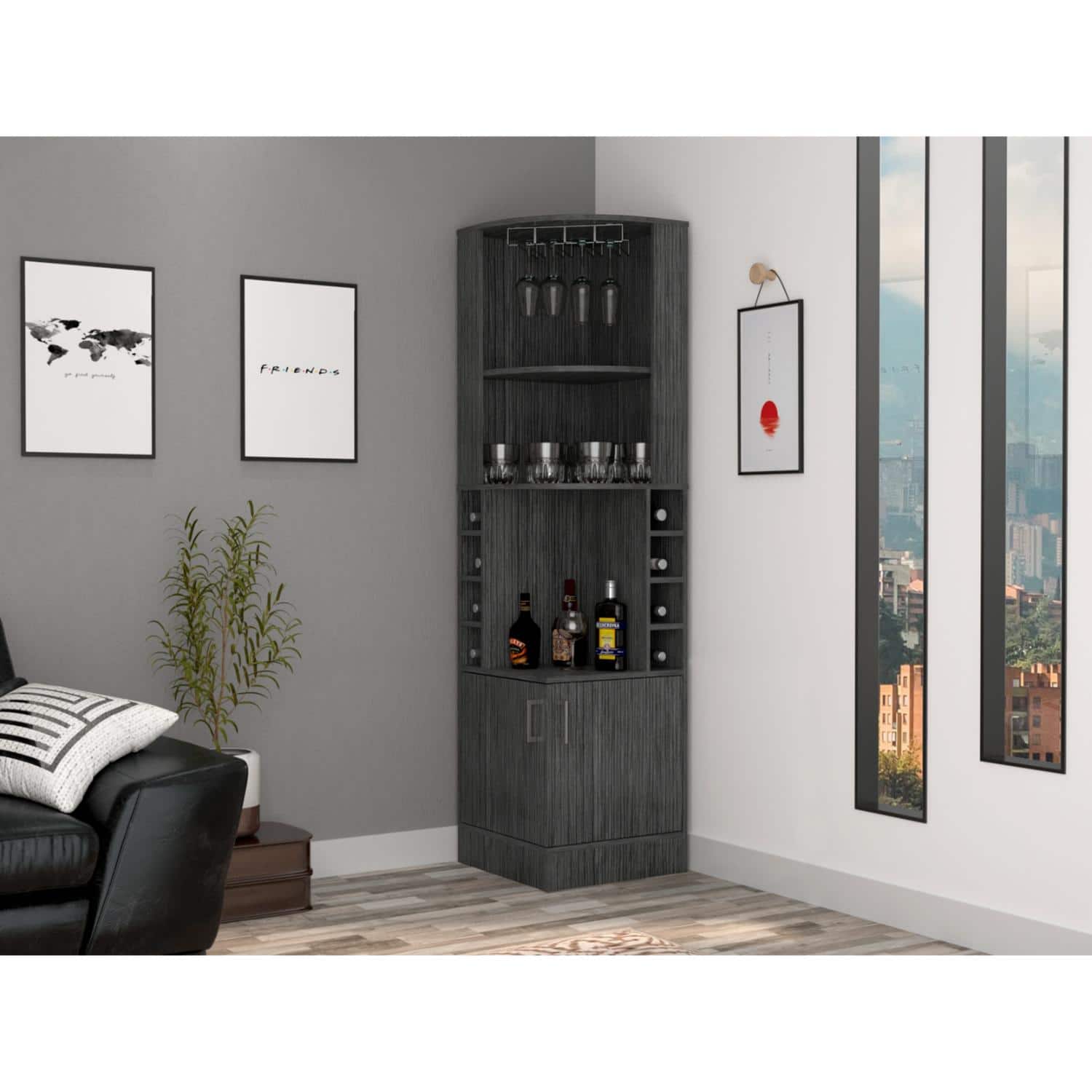 TuHome - Syrah Corner Bar Cabinet, Eight Bottle Cubbies, Double Door, Two Open Shelves, Bar Room or Living Room - Smokey Oak