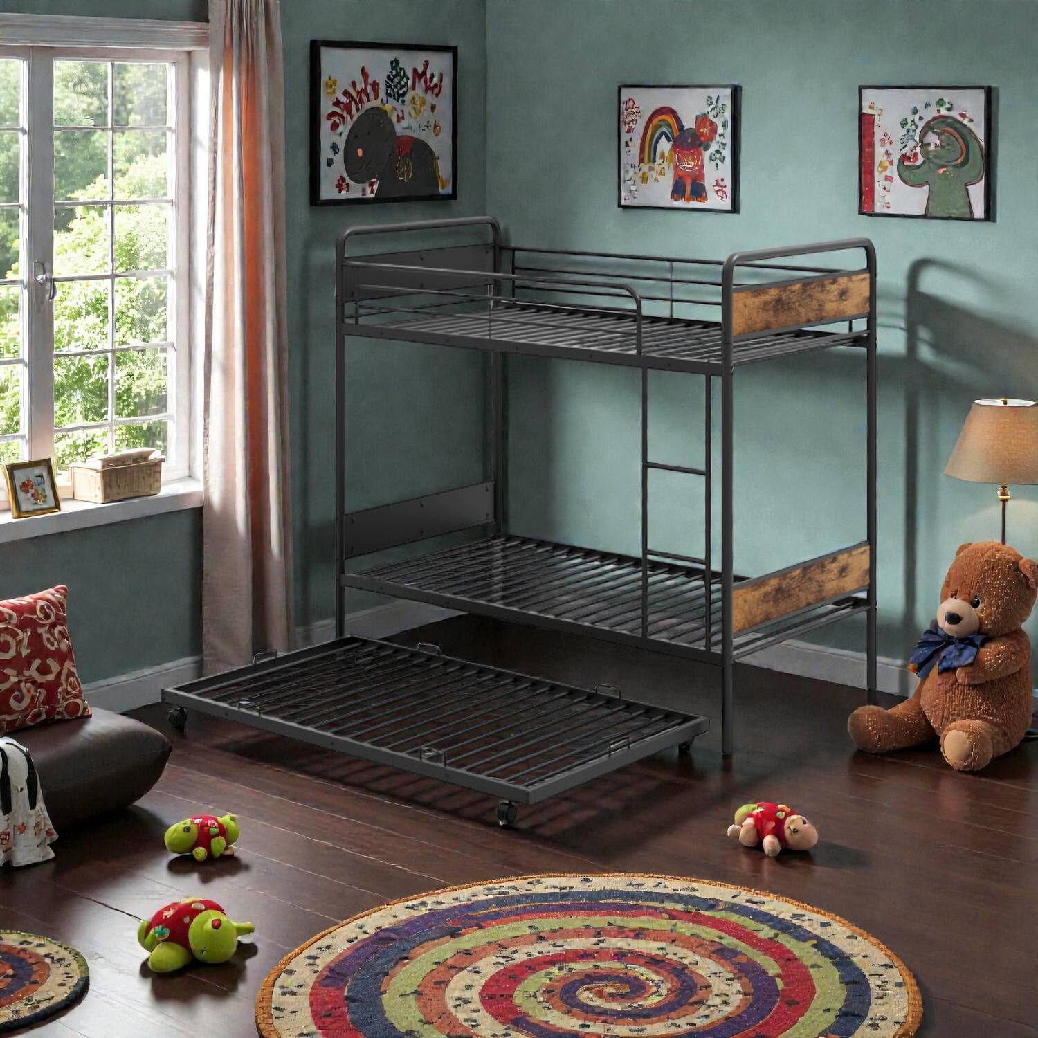 Front. Hivvago - Twin-Over-Twin Bunk Bed Set with Pull-Out Trundle Ladder and Extended Safety Rails - Black.