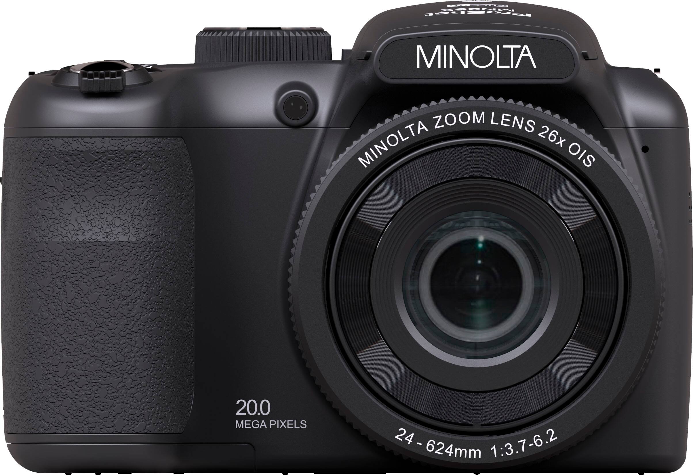 The text on the image reads: "MINOLTA ZOOM LENS MINOLTA 26x OIS 20.0 MEGA PIXELS 24 - 1:3.7-6.2 624mm." This text describes the camera lens as a Minolta zoom lens with a 26x optical zoom, 20.0 megapixels, and a focal length range of 24mm to 1:3.7-6.2. The lens has a 624mm focal length.