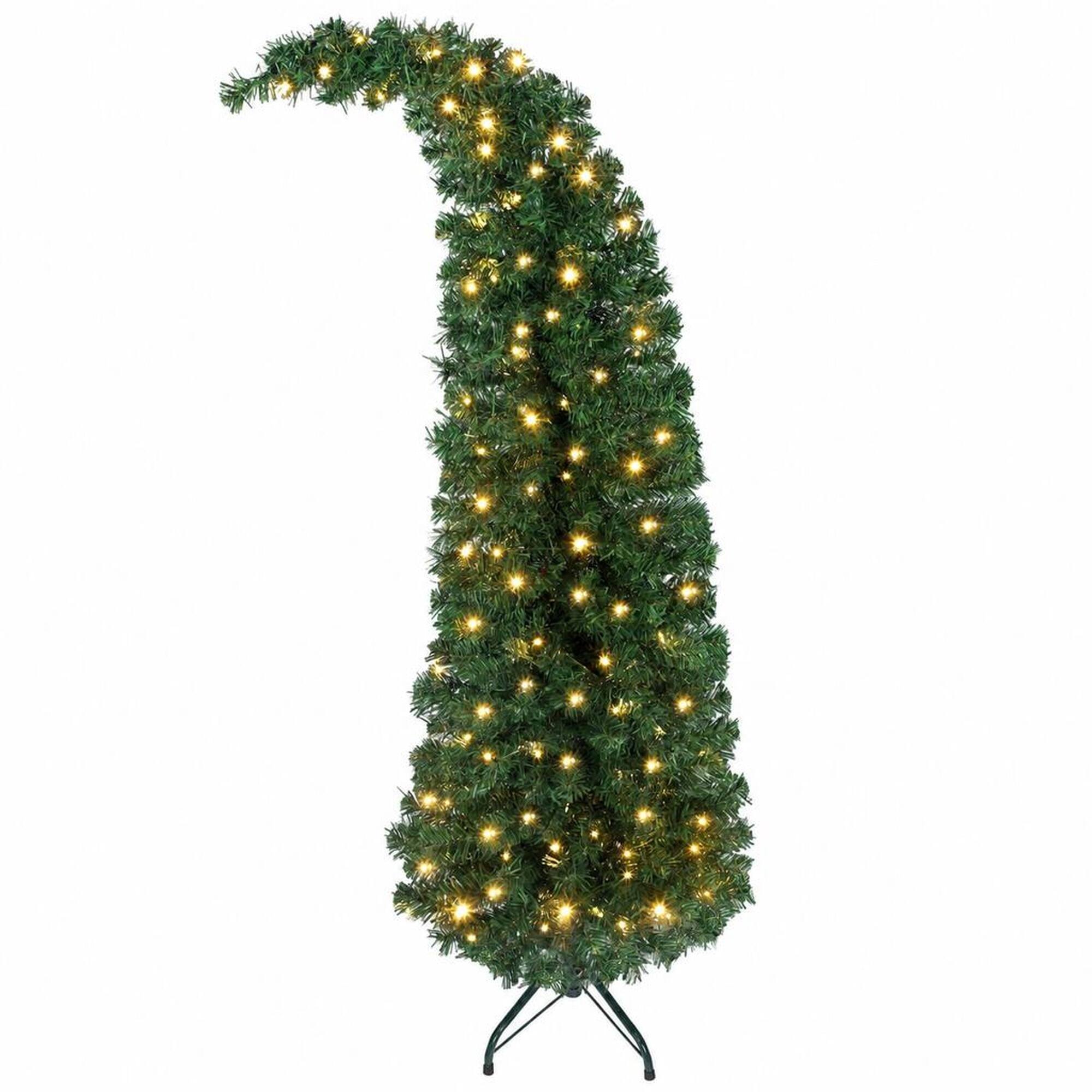 Front. RYHNUYNE - 5 Ft Bent Top Slim Fir Artificial Christmas Tree With 100 LED Lights, Metal Stand Whimsical Holiday Decor - Green.