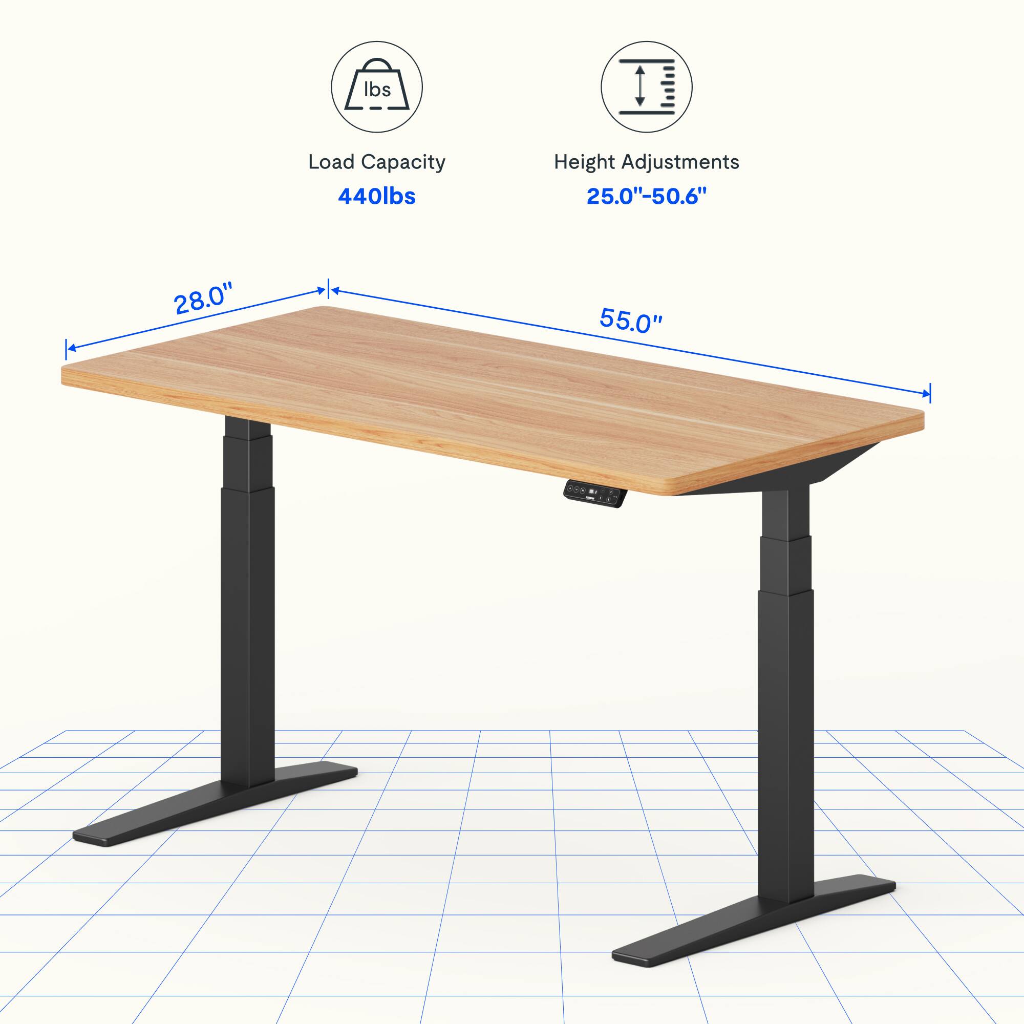 Load Capacity: 440lbs  
Height Adjustments: 25.0"-50.6"  
Table Dimensions: 28.0" x 55.0"