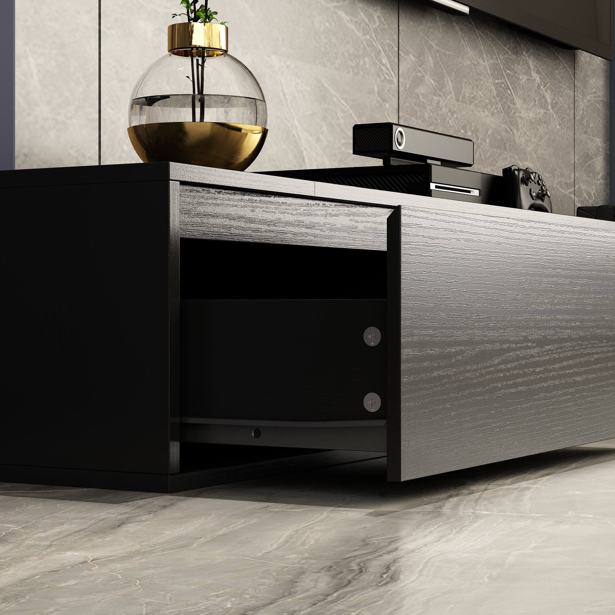 Alt View 9. FUFU & GAGA - Extendable TV Stand for 75 Inch TVs, Modern Entertainment Console with Adjustable Length, Storage Drawers, Open Shelves - Black.