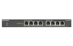 NETGEAR
Left LED: Link/ACT Mode
- Green = Link at 1000M
- Yellow = Link at 10/100M
- Blink = ACT
Right LED: PoE Mode
- Green = Powered
- Yellow = Fault
GS308PP
Power
Ports 1-8: PoE+ 30 Watts/port max.
PoE Max