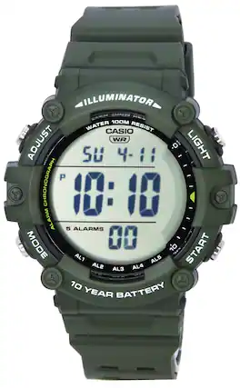 ILLUMINATOR SSE 100M WATER RESIST CASIO WR ADJUST SU 4-11 - LIGHT - P CHRONOGRAPH 10 ALARM 5 ALARMS - MODE 00 10 START : AL1 AL5 AL2 AL3 AL4 10 YEAR BATTERY