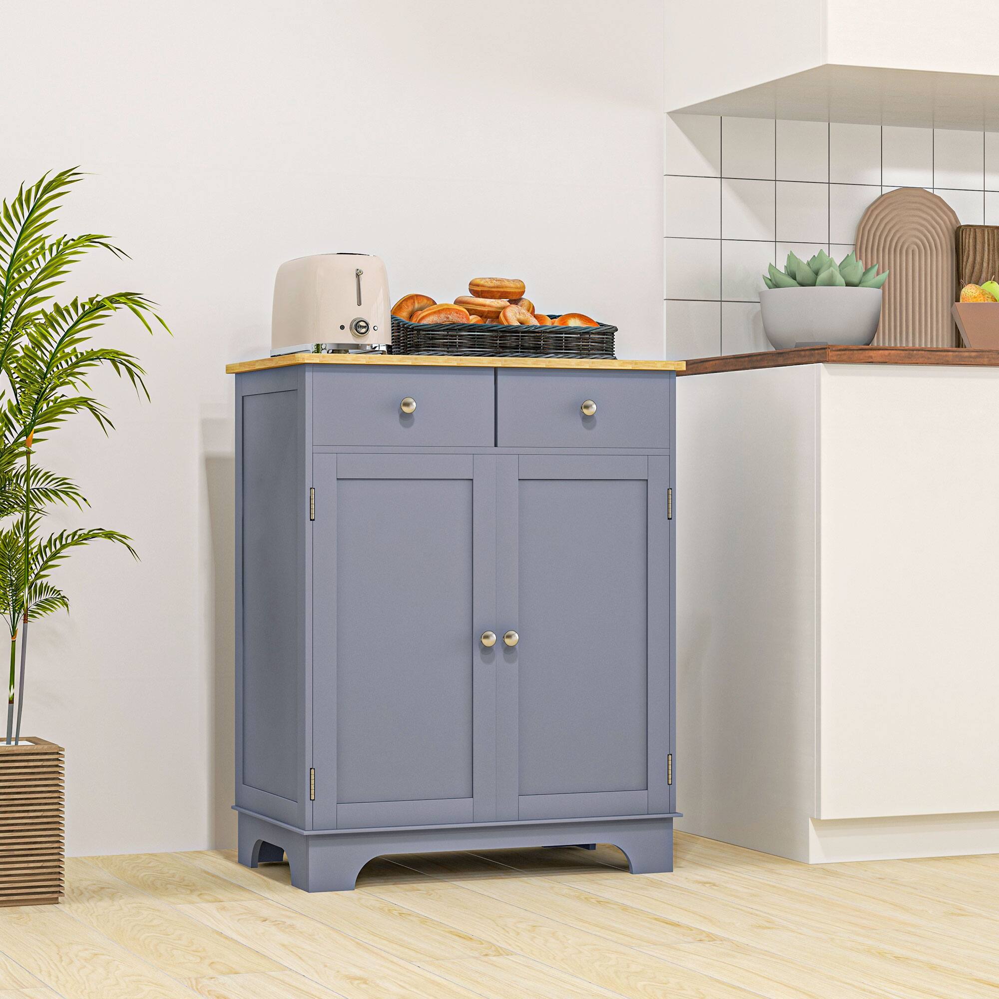 Alt View 7. Homcom - Sideboard with Solid Wood Countertop, Modern Kitchen Storage Cabinet, Coffee Bar Cabinet with Drawers & Adjustable Shelf - Gray.