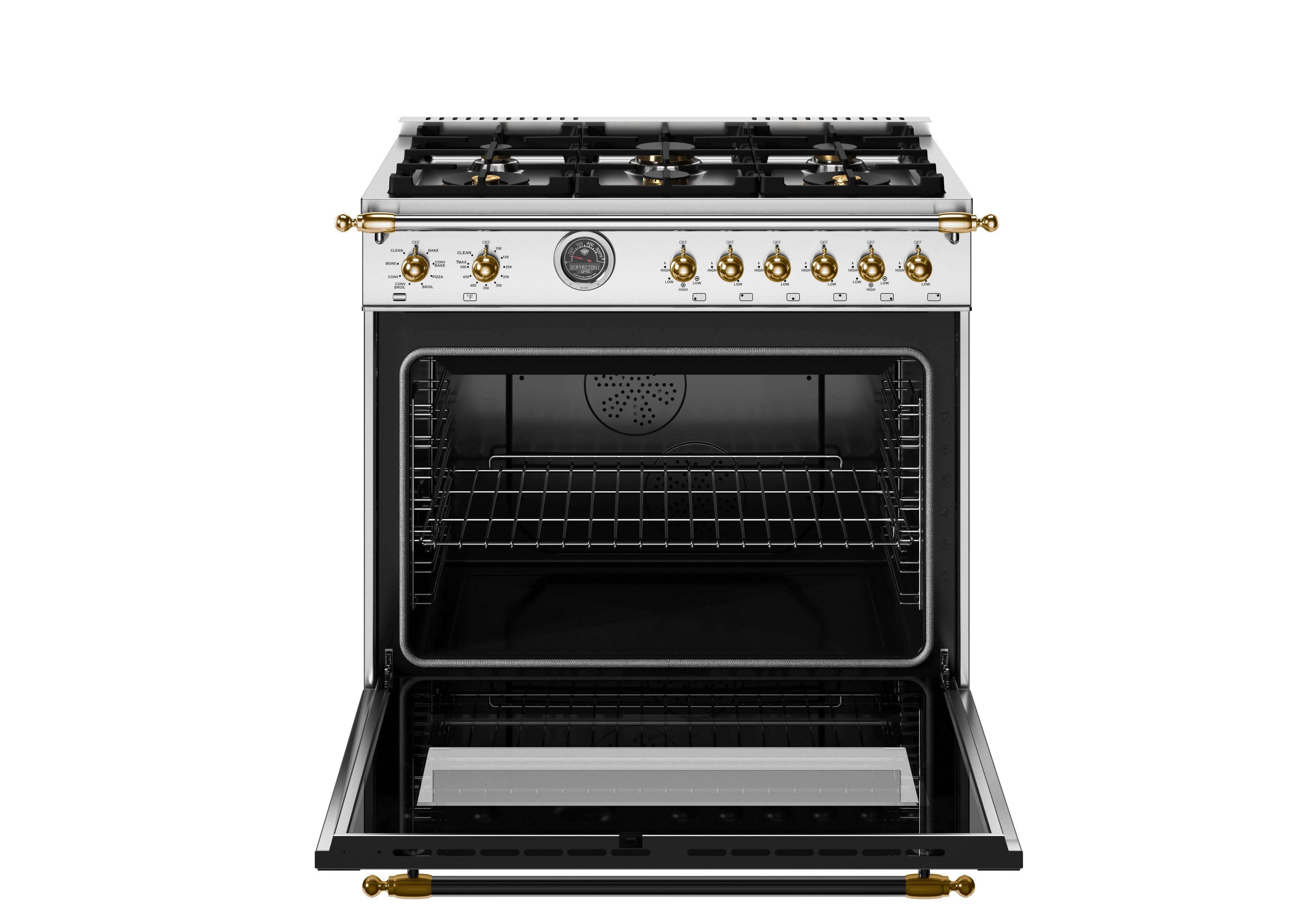 Left. Bertazzoni - 36" Heritage Series 5.7 Cu. Ft. Freestanding Dual Fuel Range - Stainless Steel/Gold - Stainless Steel.